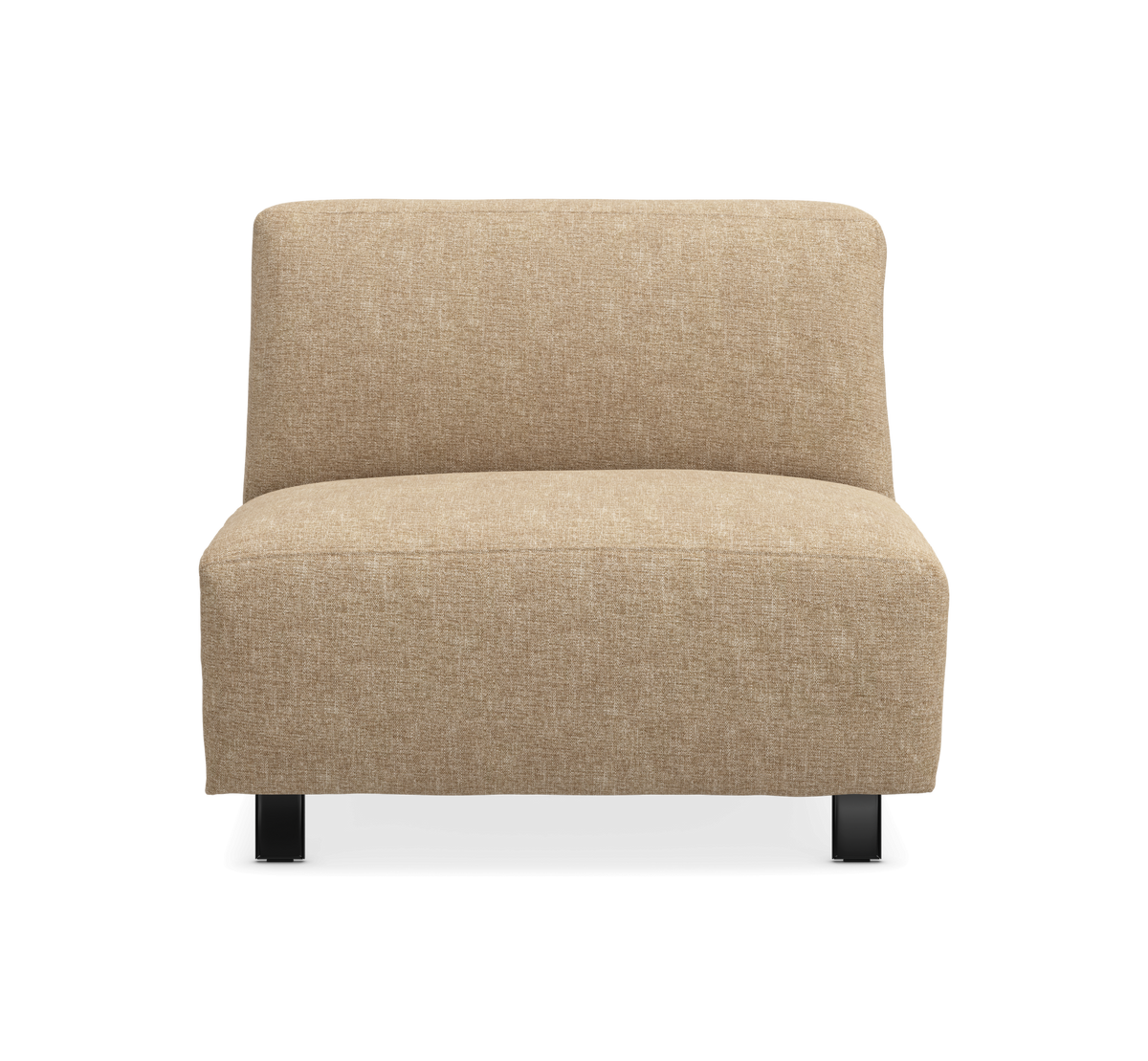 Beige armlös loungestol med korta svarta ben, frontvy.