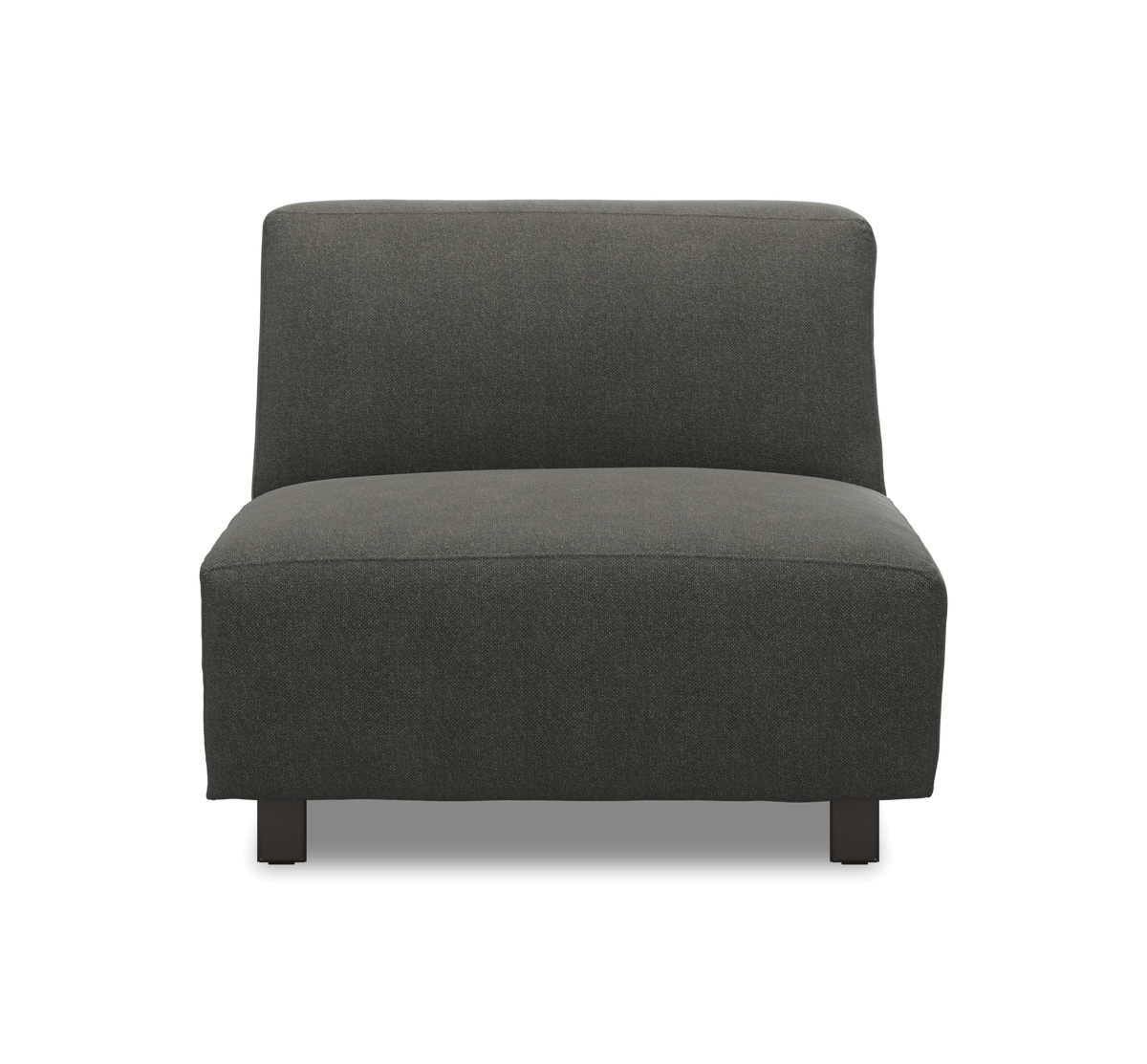 Mörkgrå armlös modulstol/sofa i tyg sedd rakt framifrån.