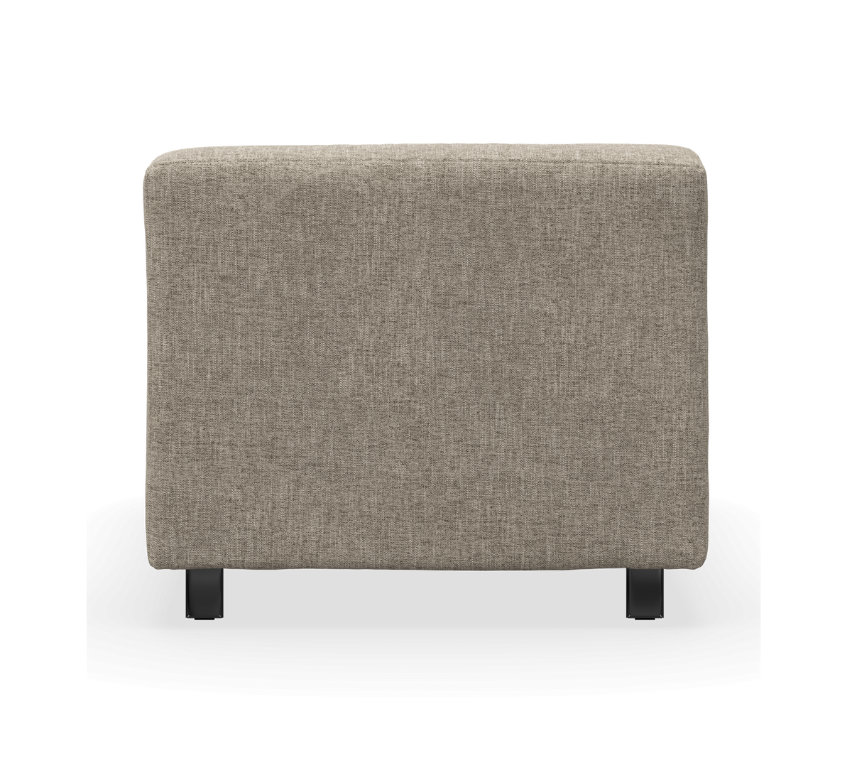 Beige, rektangulär, tygklädd sänggavel med två svarta ben, frilagd framifrån.
