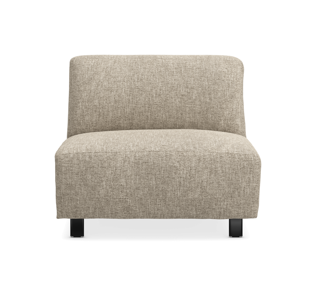 Beigefärgad armlös loungestol/modul i textil, sedd rakt framifrån mot vit bakgrund.