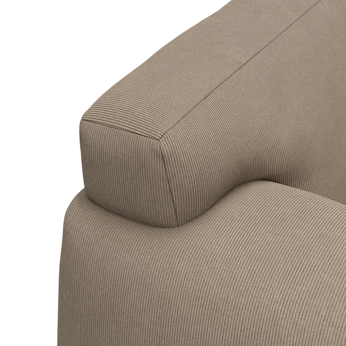 Närbild på beige soffarmstöd i bredspårig manchester (corduroy).