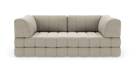 Beige modulsoffa med rundade armstöd i bouclé-liknande tyg, fotograferad framifrån mot vit bakgrund.