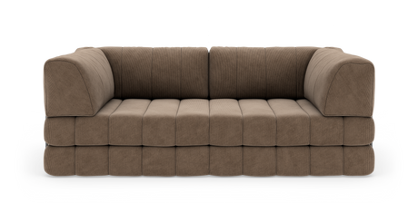 Brun modulsoffa i corduroy med rundade armstöd och blocksydd sits, frontvy på vit bakgrund.