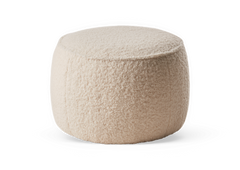Beige rund bouclé‑puff/ottoman för sittplats eller fotpall.