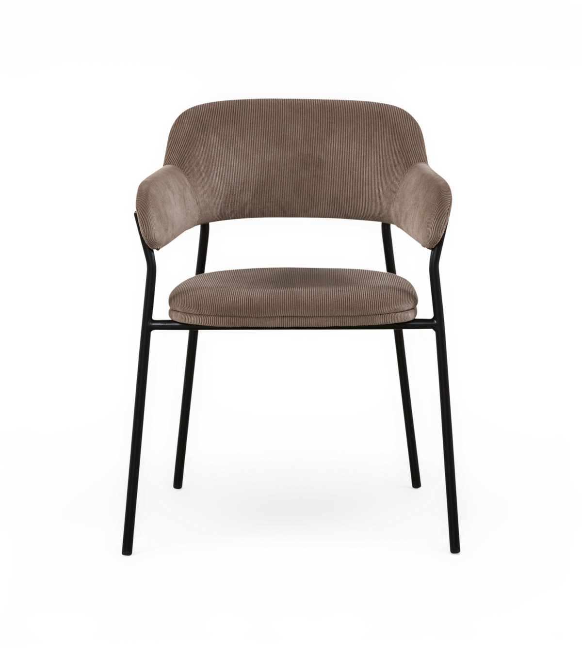Modern stol med armstöd i beige/taupe manchester och svarta metallben, frilagd framifrån.