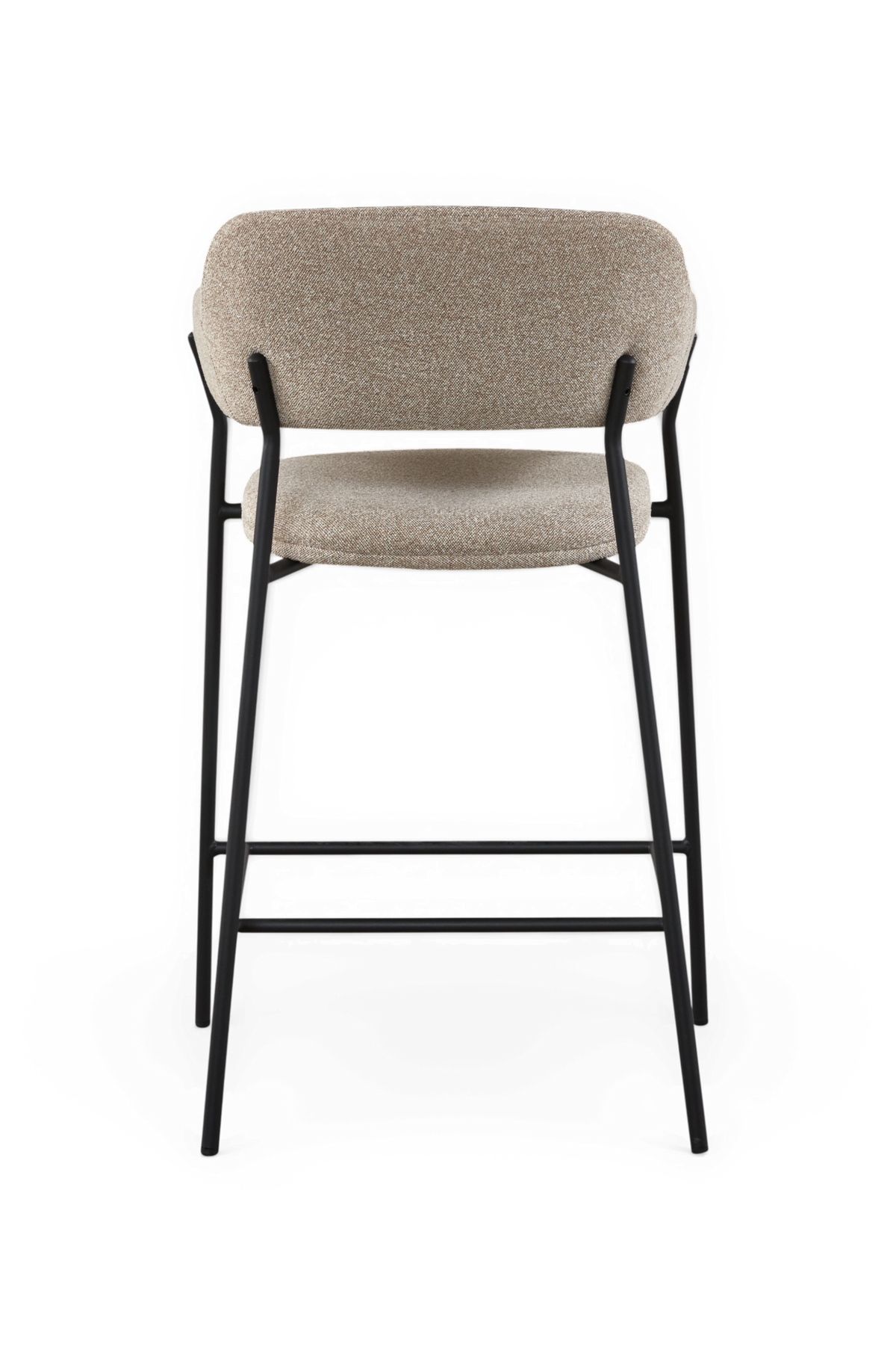 Barstol med beige klädsel och svart metallstativ, sedd bakifrån.