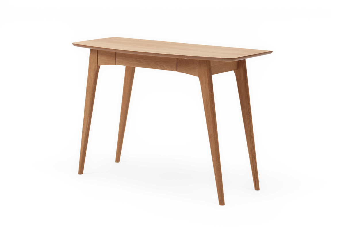 Smal konsolbord i ljus ek med avsmalnande ben och rundade hörn på vit bakgrund.