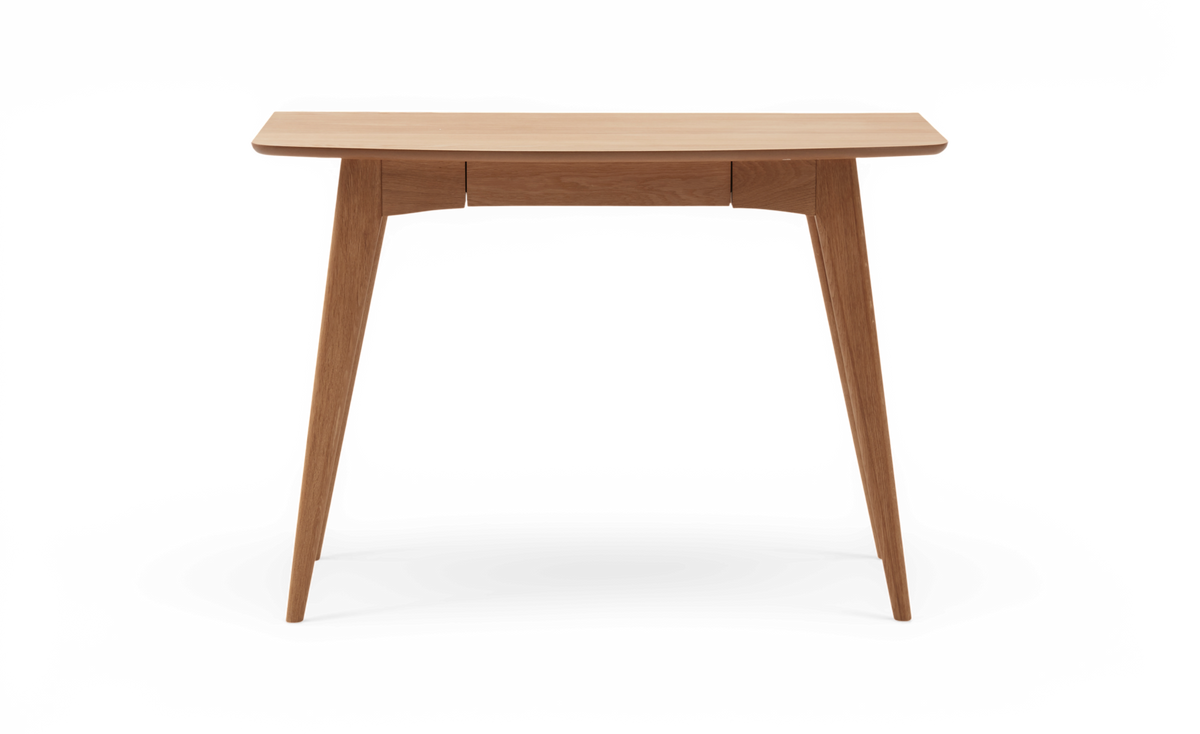 Konsolbord/skrivbord i ek med smal låda och avsmalnande ben, frilagt mot vit bakgrund.