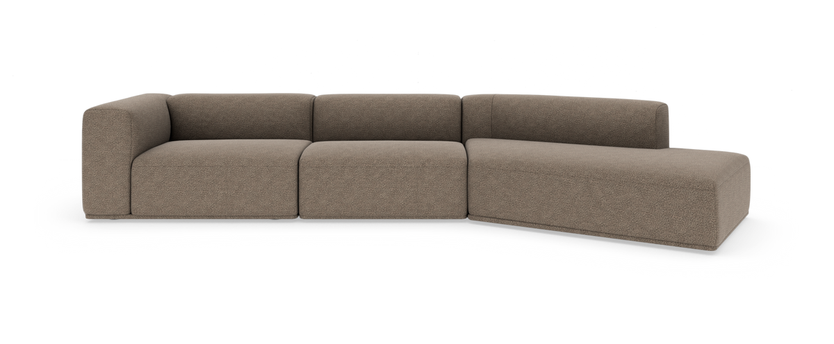 Modulsoffa i L‑form med höger schäslong i beige tyg, studiorendering framifrån.