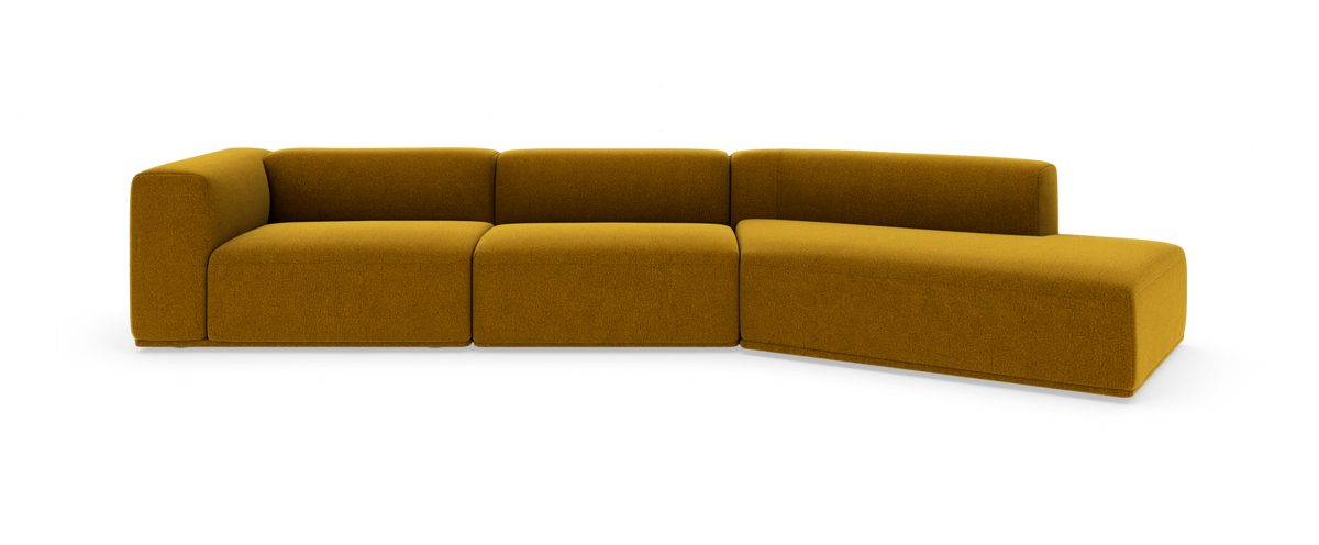 Modulär L-formad soffa i senapsgul textil med höger schäslong.