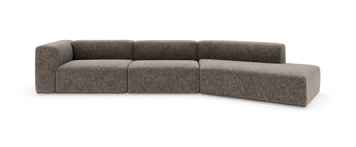 Modulsoffa i brungrå textil med högerdivan, frilagd på vit bakgrund.