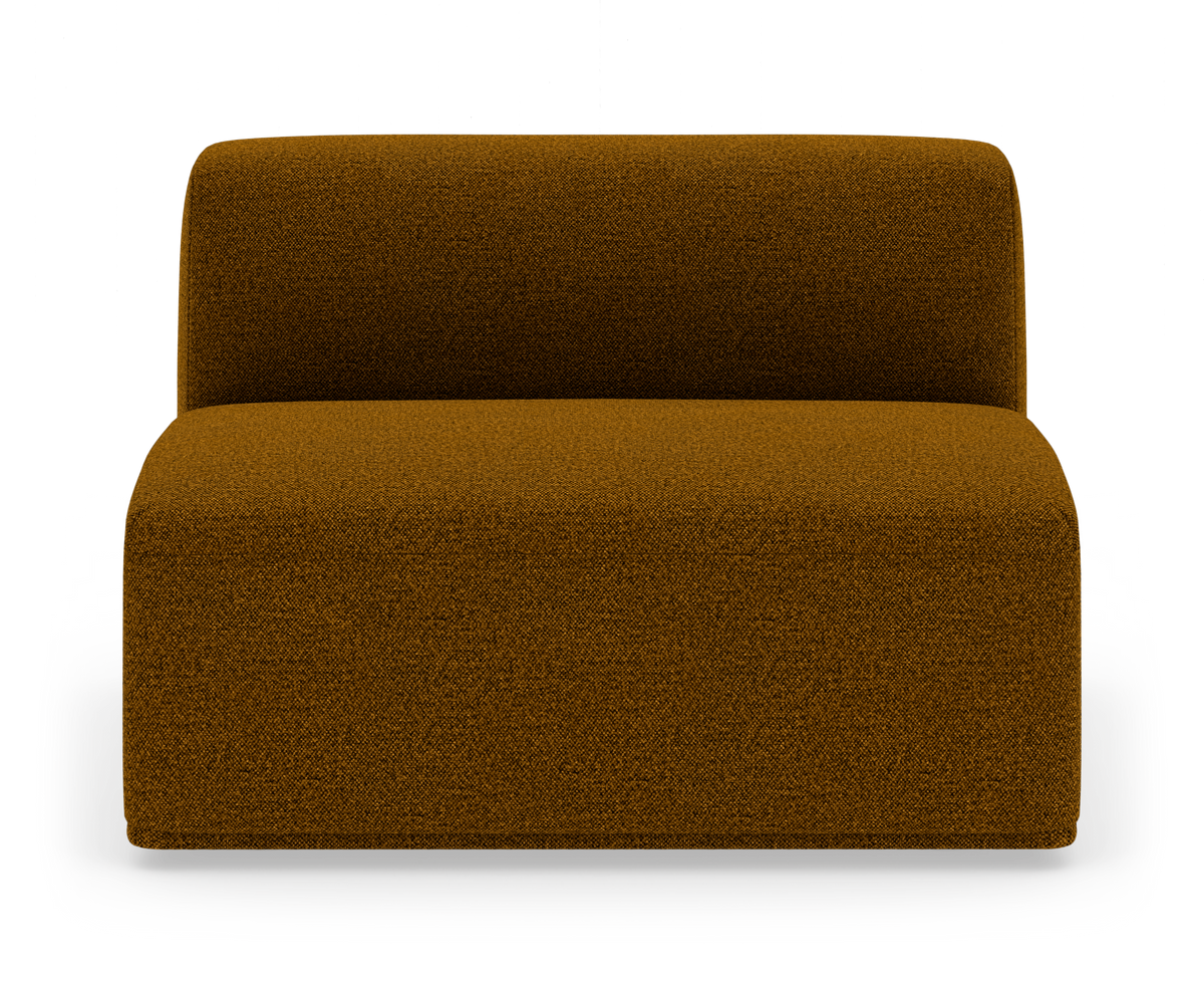 Modulär armlös sofsits i brun textil, frontvy på vit studiobakgrund.