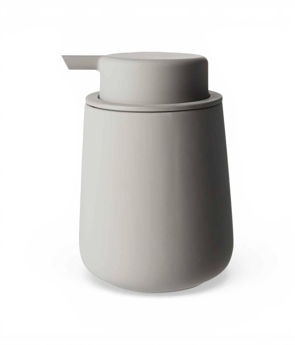 Grå tvålpump i minimalistisk, matt design på vit bakgrund.