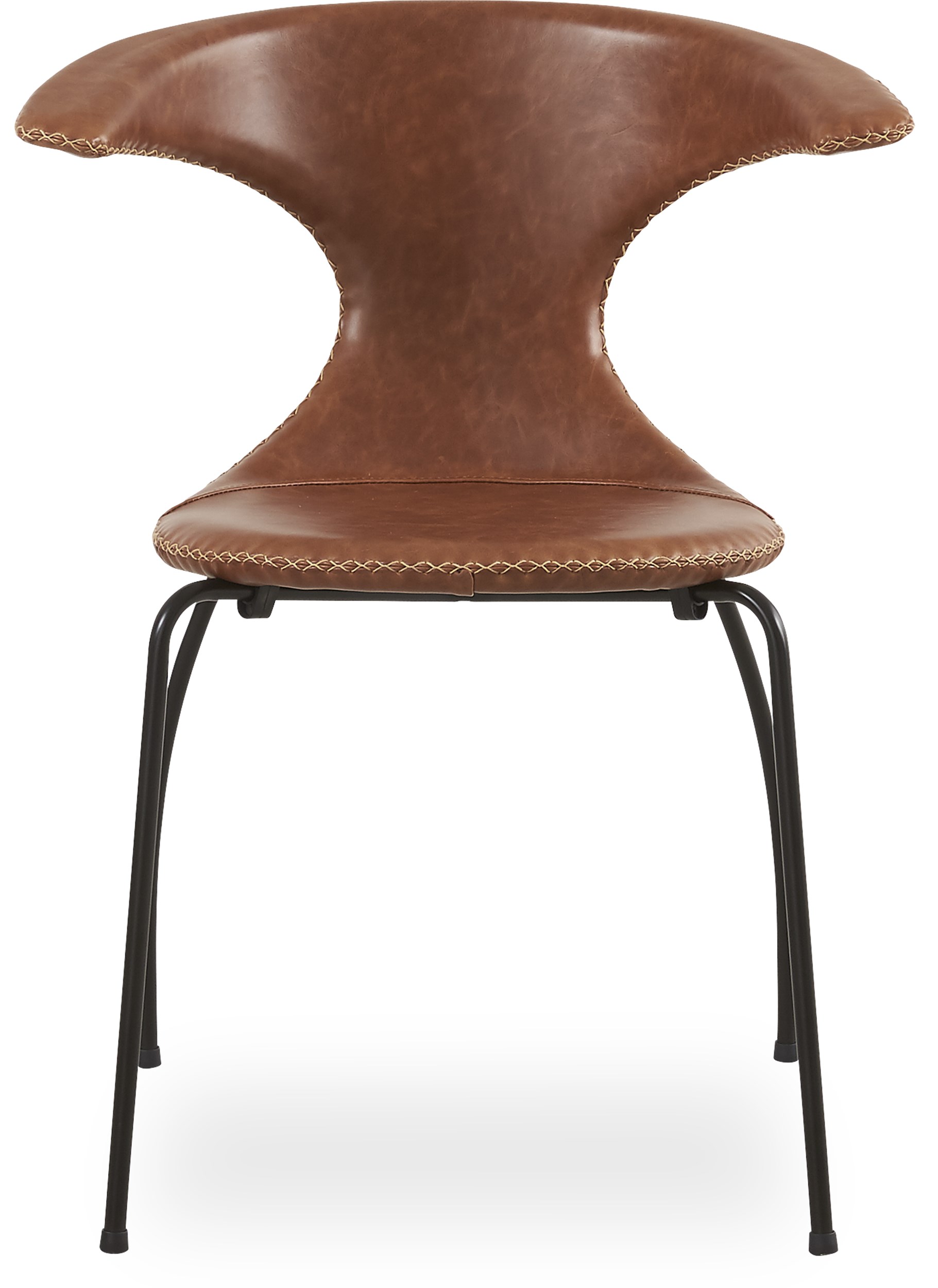 Flaire matstol - Brunt läder med kontrastsöm och ben i svartlackerad metall