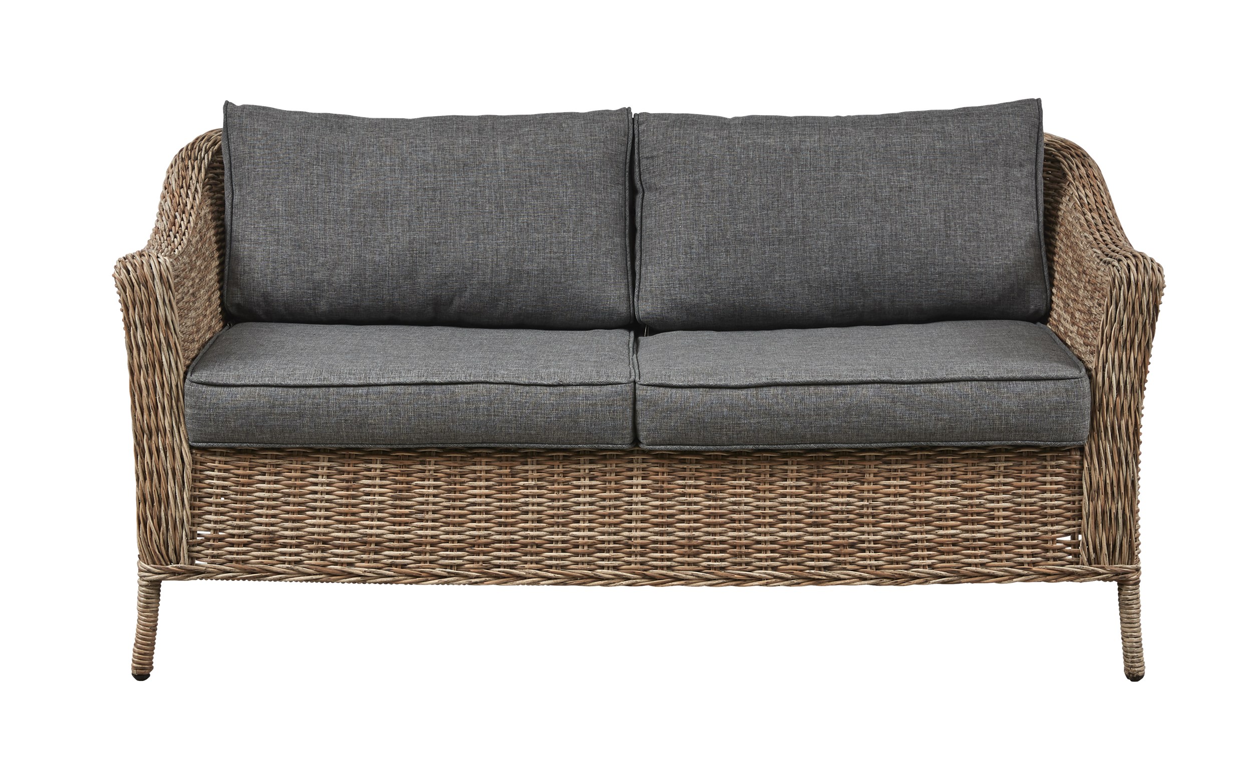 Henderson Lounge soffa - Natur halvrund konstrotting, stomme i aluminium och kuddar i mörkgrå polyester