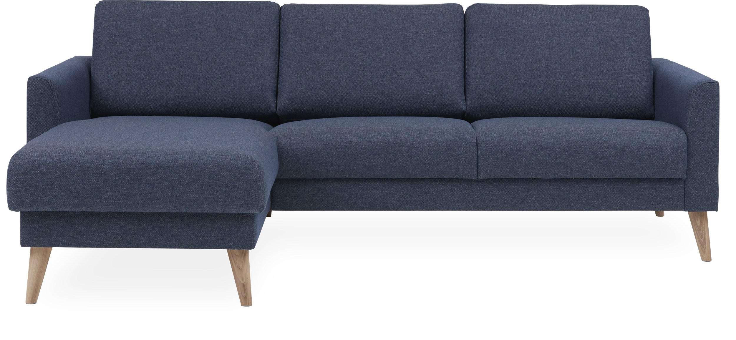Lotus vänstervänd soffa med schäslong - Golf Blue textil och ben i vitoljad ek