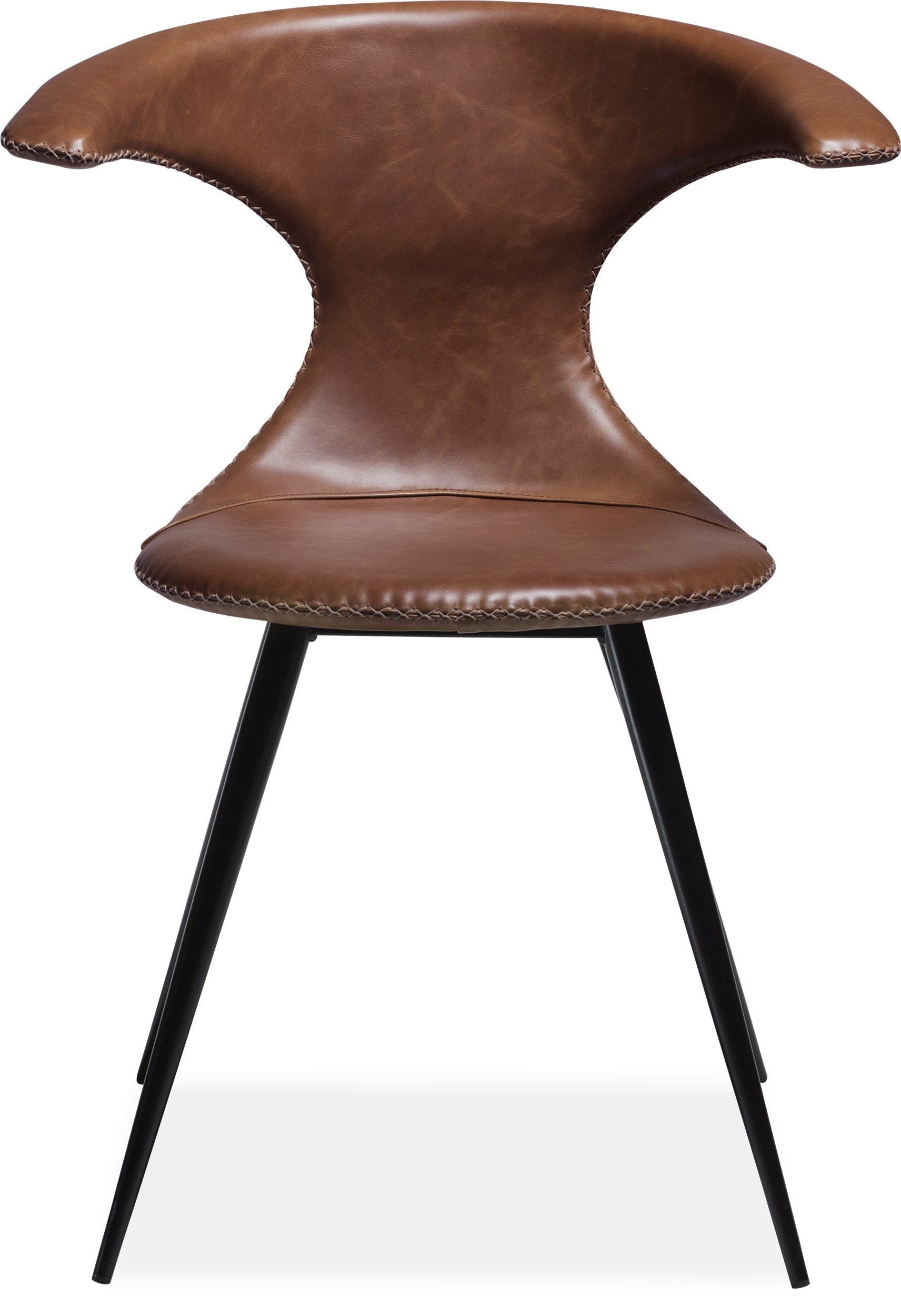 Flaire matstol - Sits i ljusbrunt läder, med kontrastfärgade sömmar och runda ben i svartlackerad metall