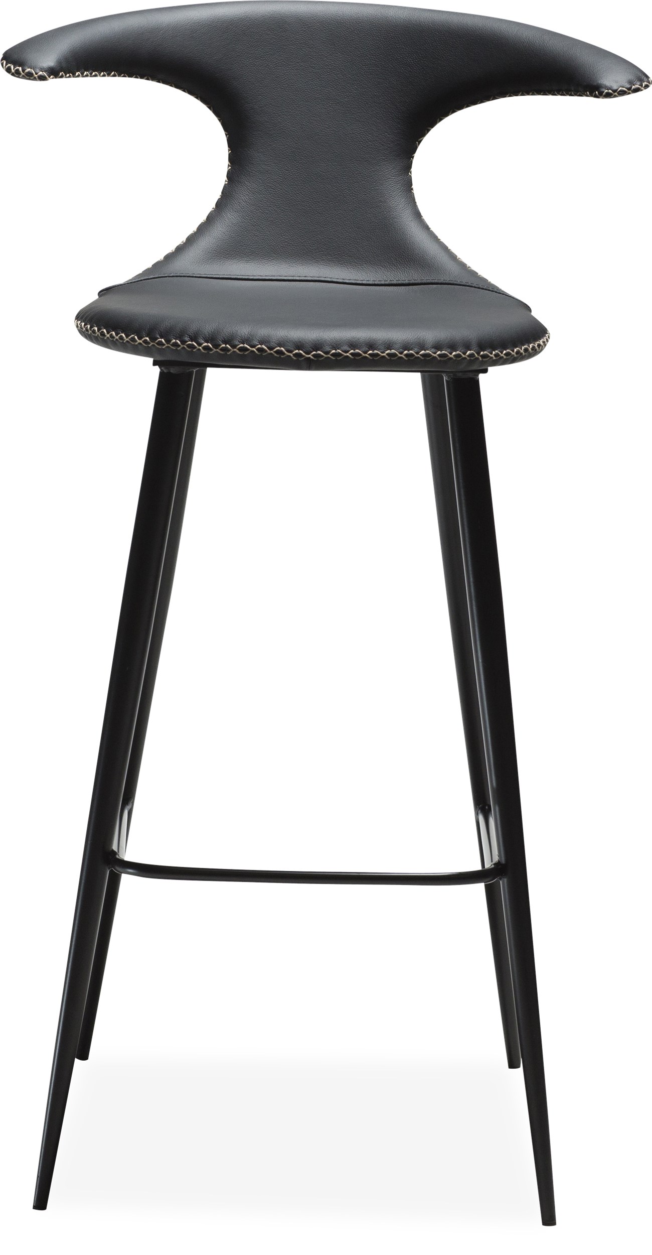 Flaire Barstol - Sits i svart läder, med kontrastfärgade sömmar och runda ben i svartlackerad metall