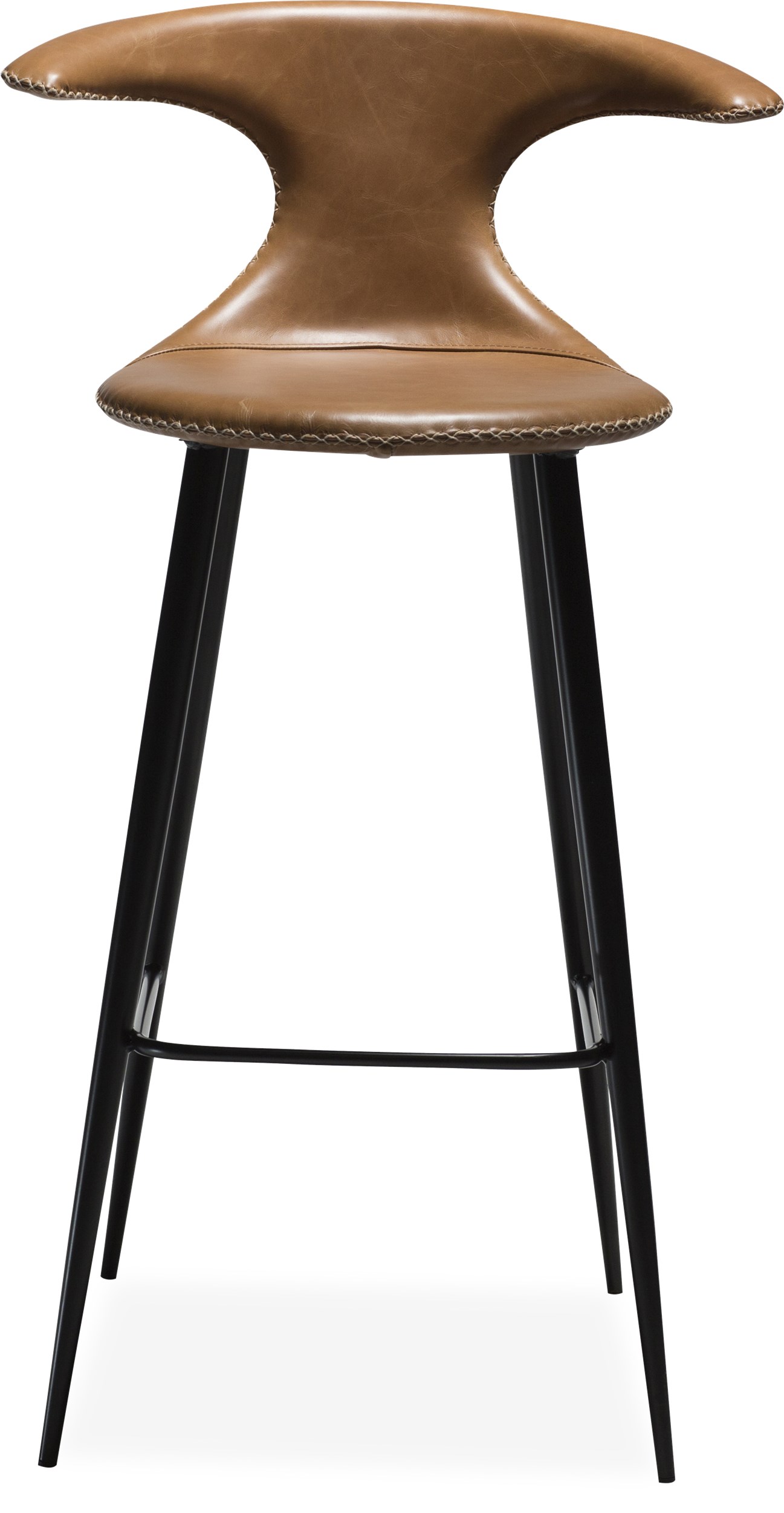 Flaire Barstol - Sits i ljusbrunt läder, med kontrastfärgade sömmar och runda ben i svartlackerad metall