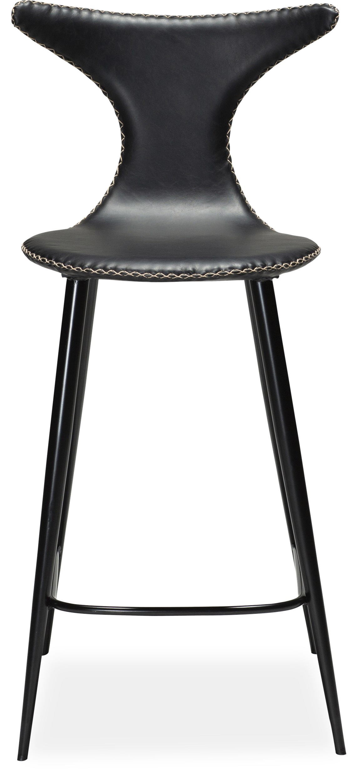 Dolphin Counterstol - sits i svart vintage konstläder, med kontrastfärgade sömmar och runda ben i svartlackerad metall