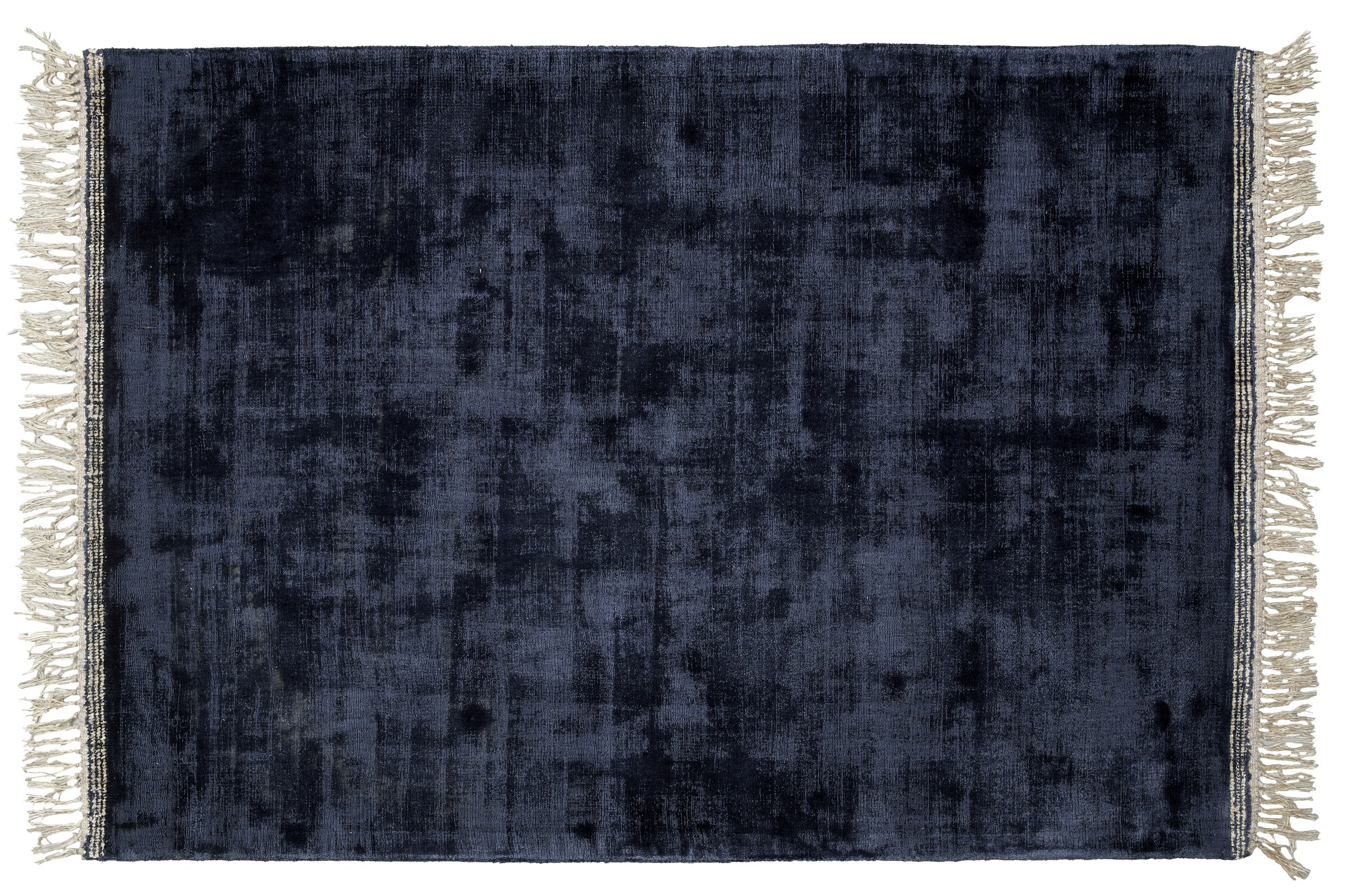 Topaz Tuftad matta 140 x 200 cm - Mörkblå ull/viskos, ofwhite kantränder och off-white fransar