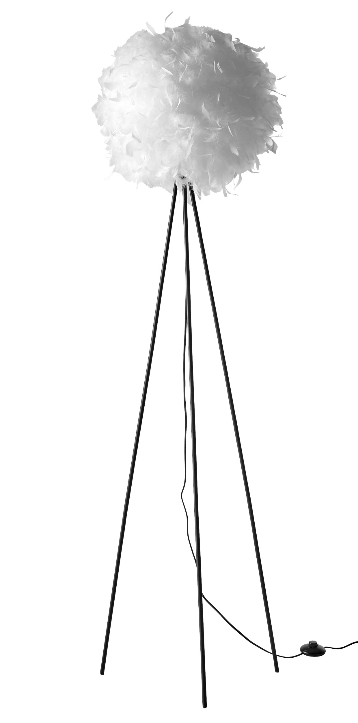 Fluffy Golvlampa 150 x 40 cm - Vit fjäderskärm, mattsvart metallstomme och svart sladd