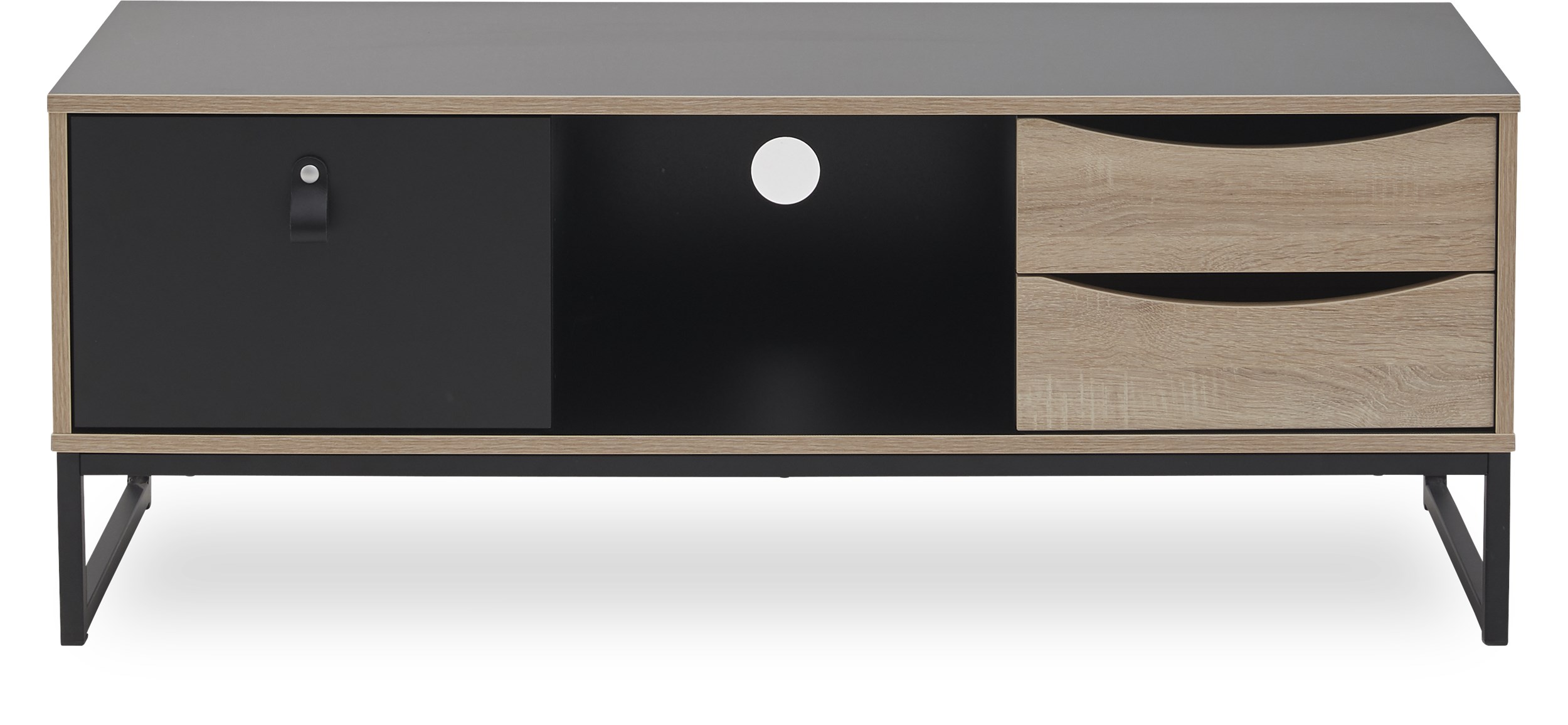 Tulino TV-möbel - Stomme i spånplatta med svart folie, Framsidor i svart- och ekstruktur folie och stomme i svartmålad metall