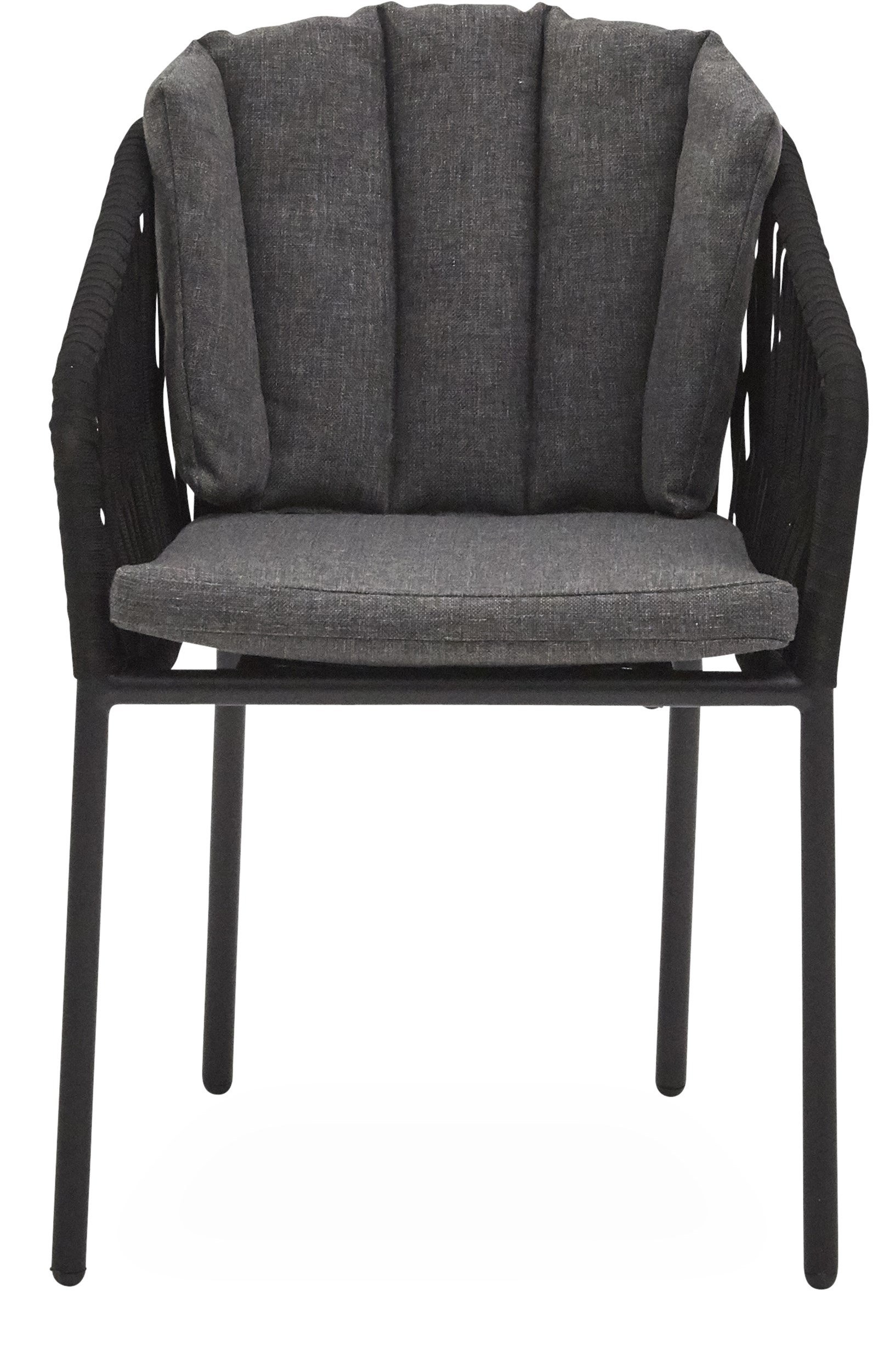 Ella Trädgårdsstol - Stomme i pulverlackerat aluminium, rygg och sits i svart, platt rep och dynor i grå olefin