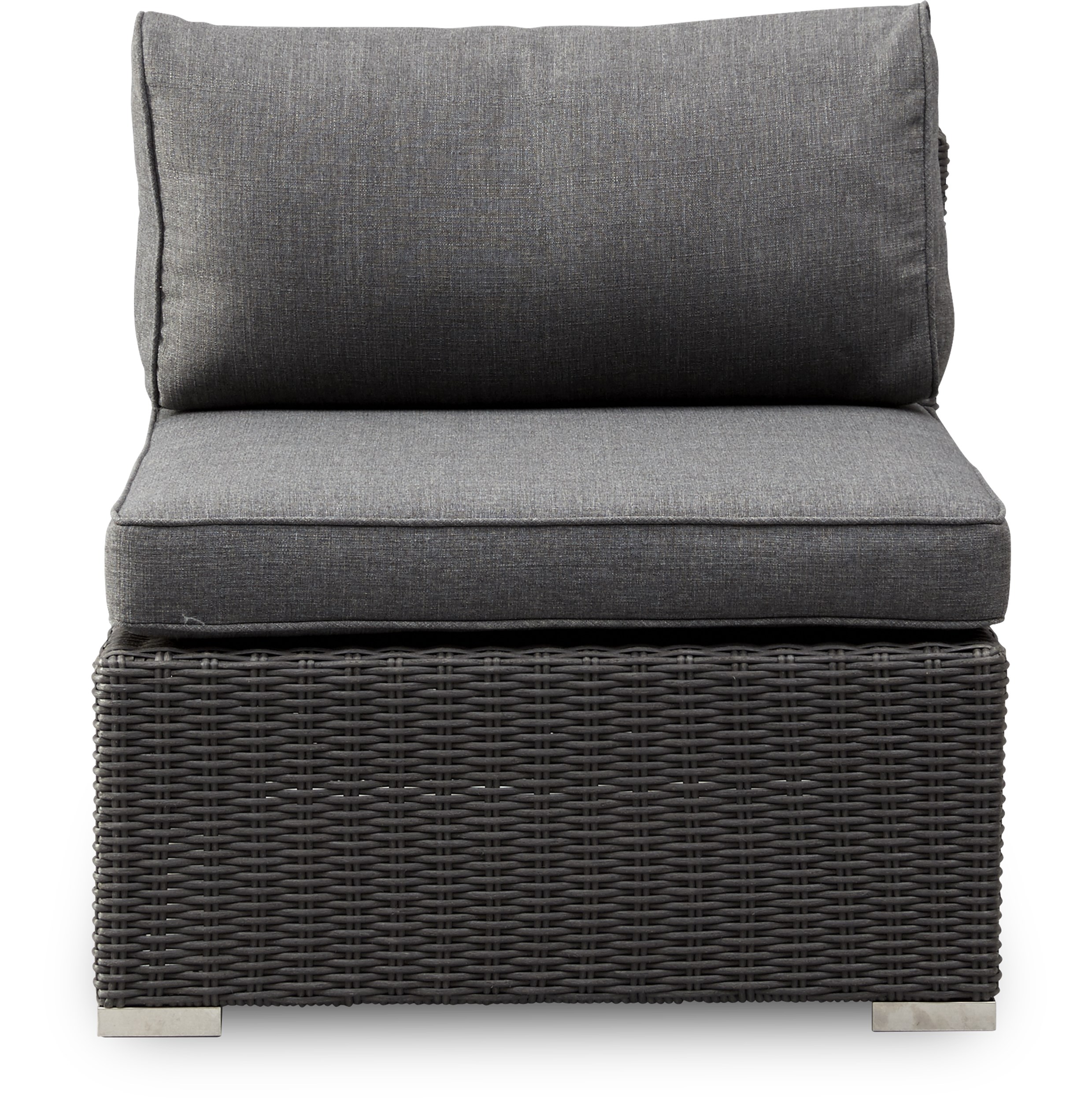 Borgio Lounge mittmodul - Svartborstad 6mm halvrund konstrotting, stomme i aluminium ben plast/rostfria och kuddar i grå polyester
