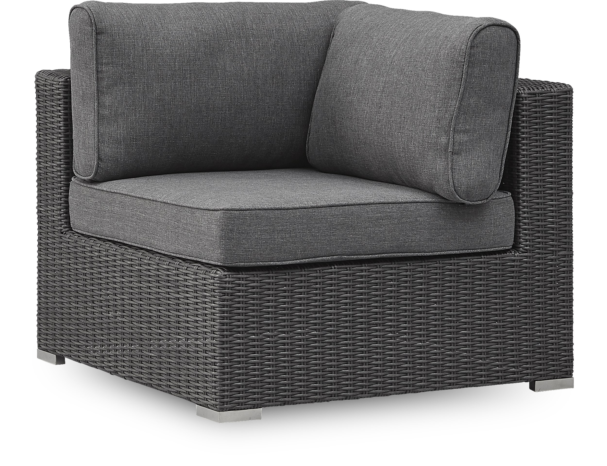 Borgio lounge-hörnmodul - Svartborstad 6mm halvrund konstrotting, stomme i aluminium ben plast/rostfria och kuddar i grå polyester