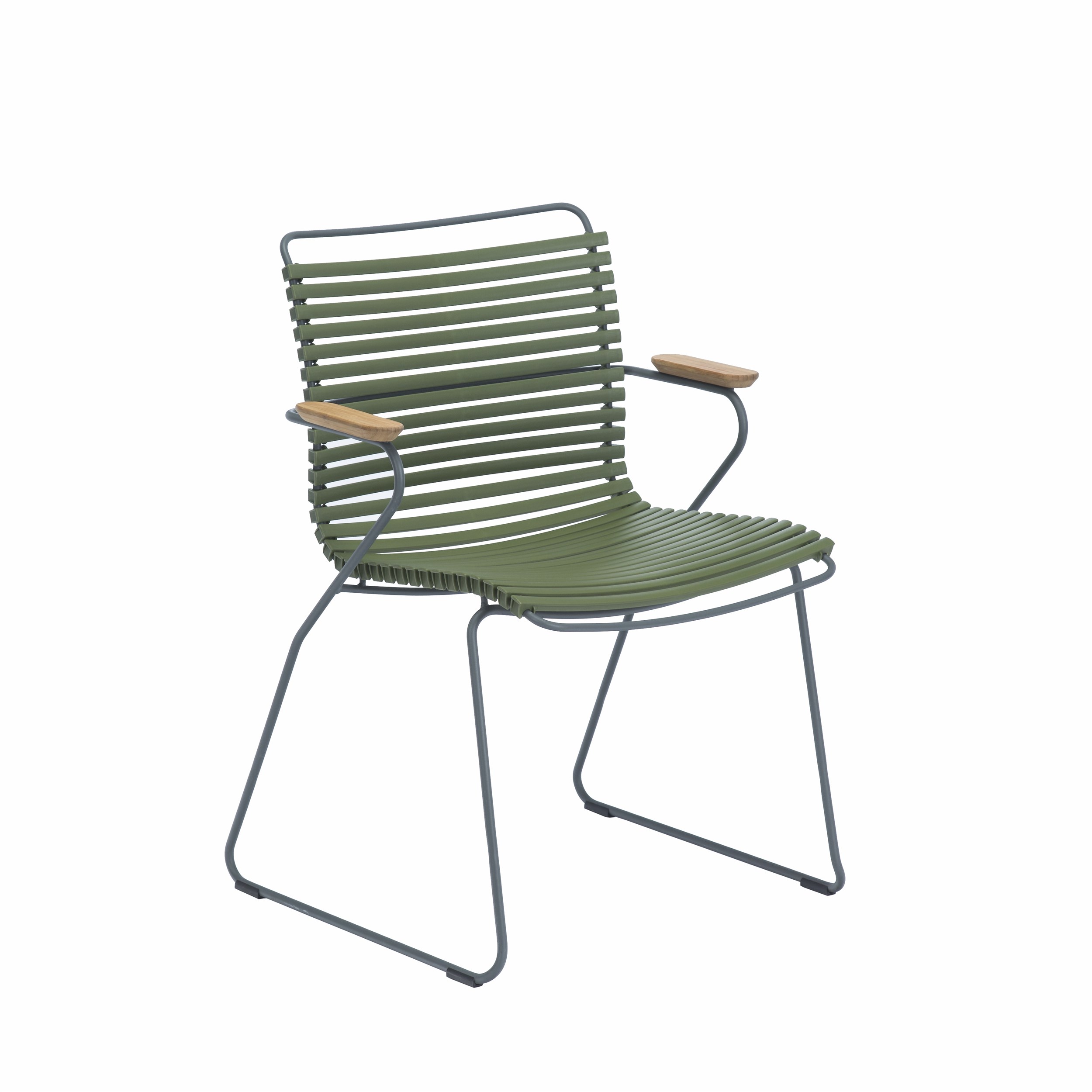 Click Trädgårdsstol - Olivgrön plastlameller fv 71, stomme i stålgrå metall och armstöd i bambu