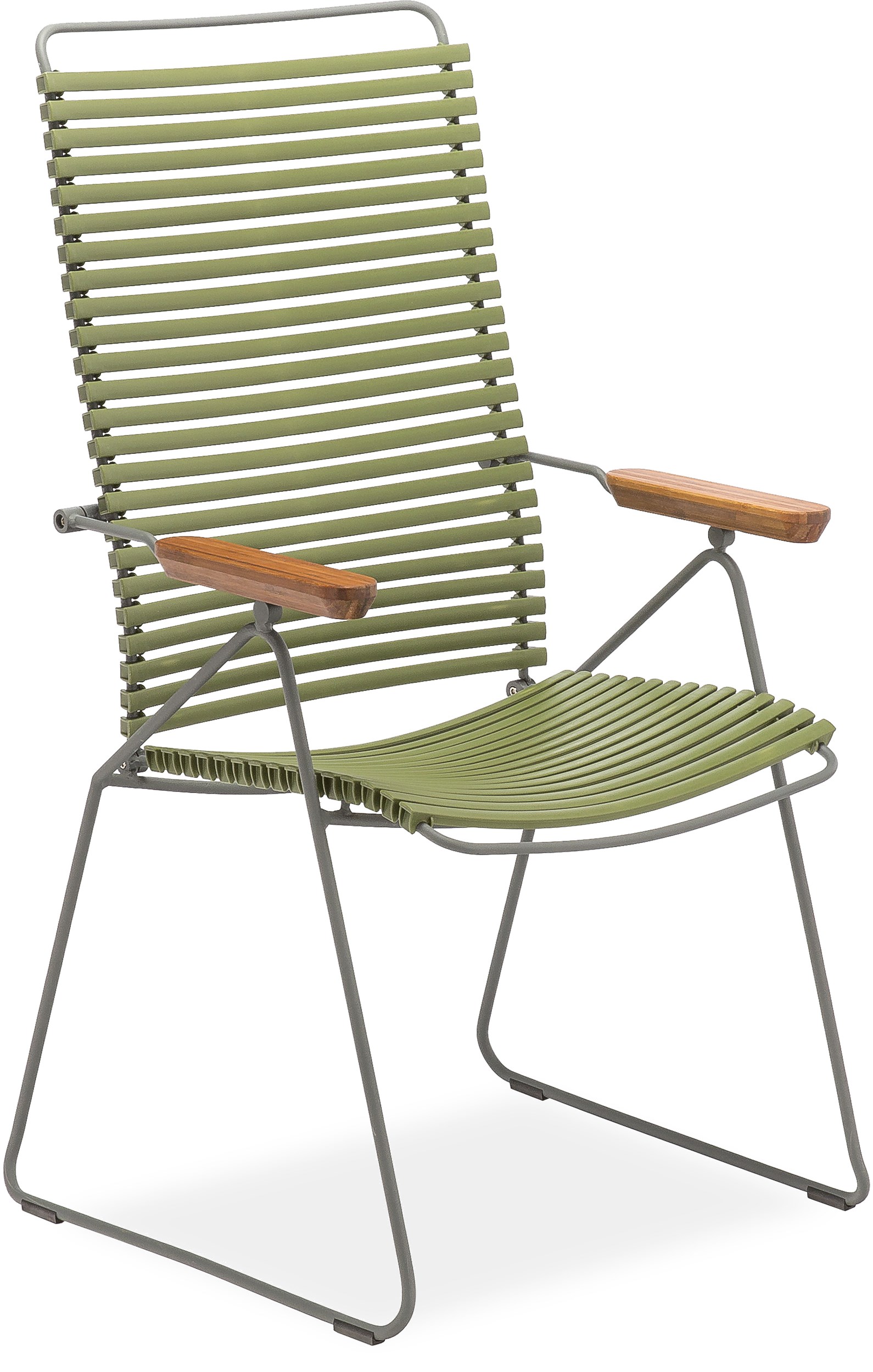 Click Positionsstol - Olivgrön plastlameller fv 71, stomme i stålgrå metall och armstöd i bambu