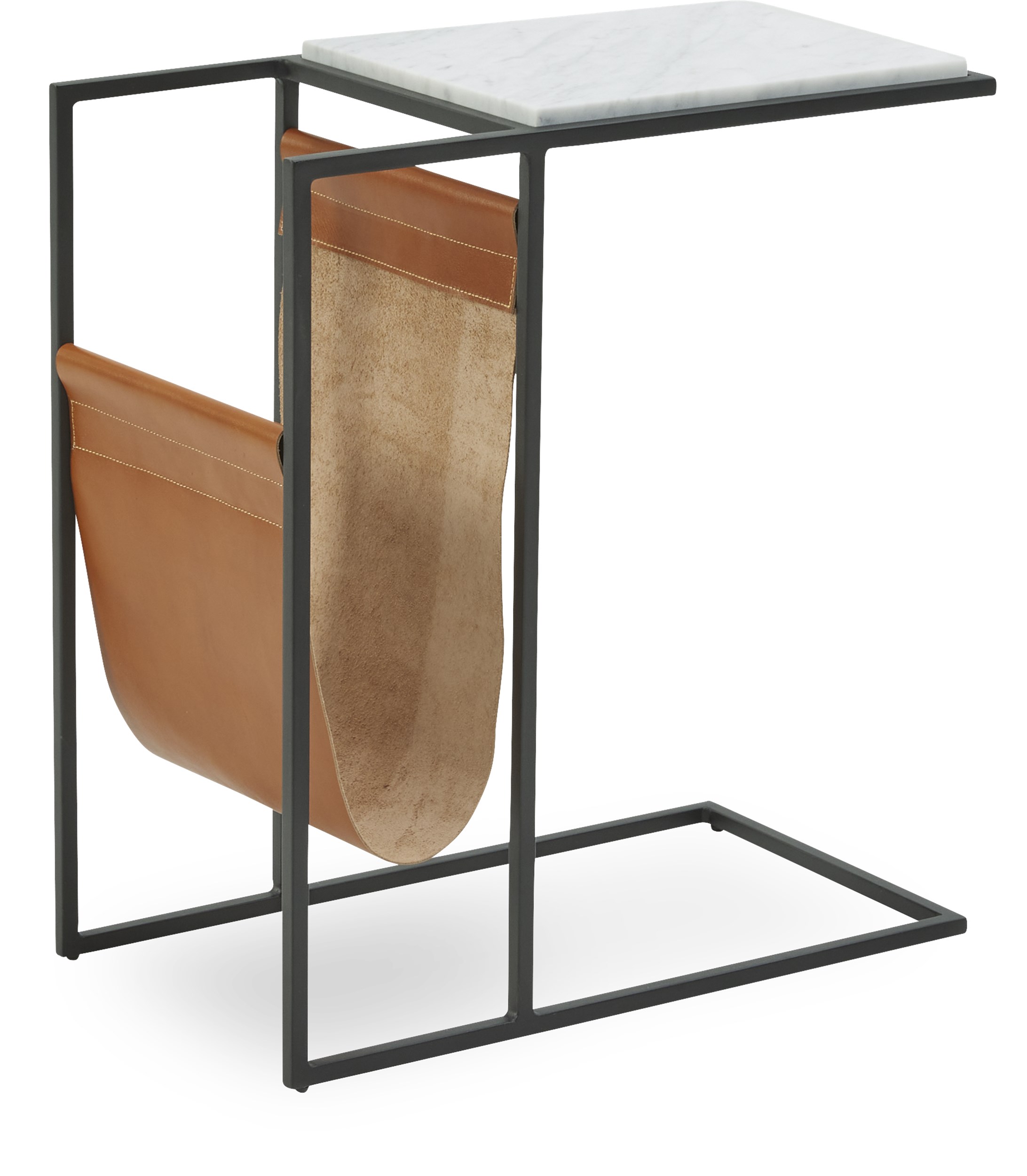 Plato sidobord - Topp i vit mamor, tidningsställ i läder och stomme i svart pulverlackerad metall