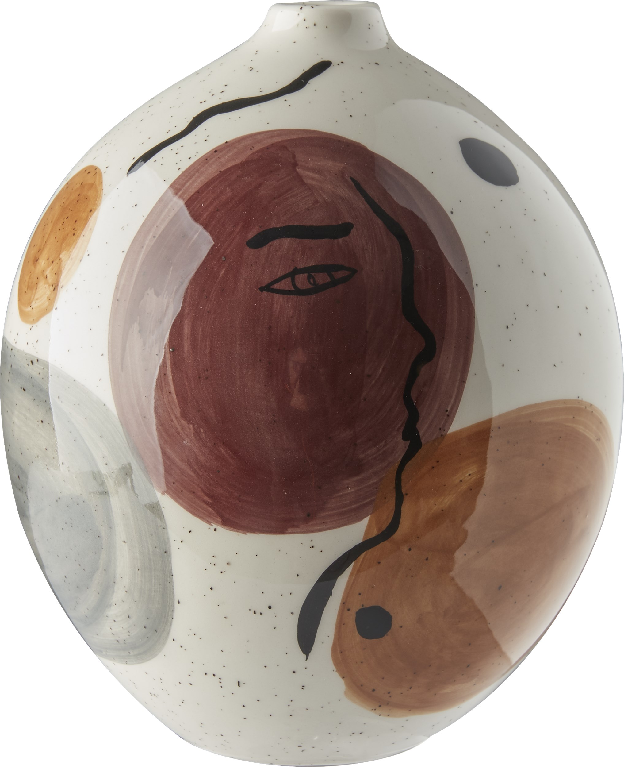 Hera vas 21 x 18 cm - Lergods, offwhite/vinröd, ockra och grå och med prickar och ansikte