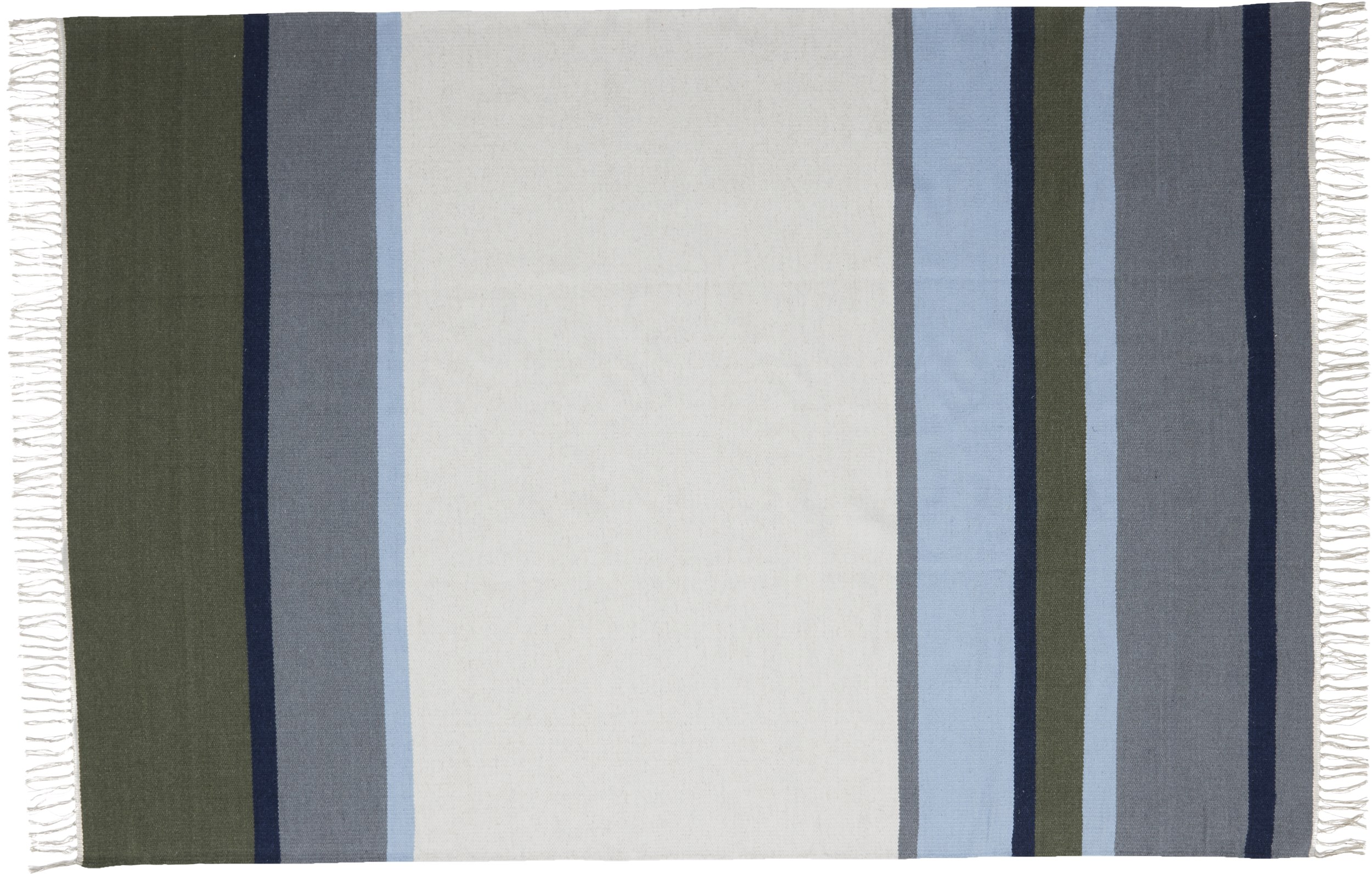 Valdemar Kelimmatta 160 x 230 cm - Grön/blå/grå/offwhite ull, randigt mönster och off-white fransar