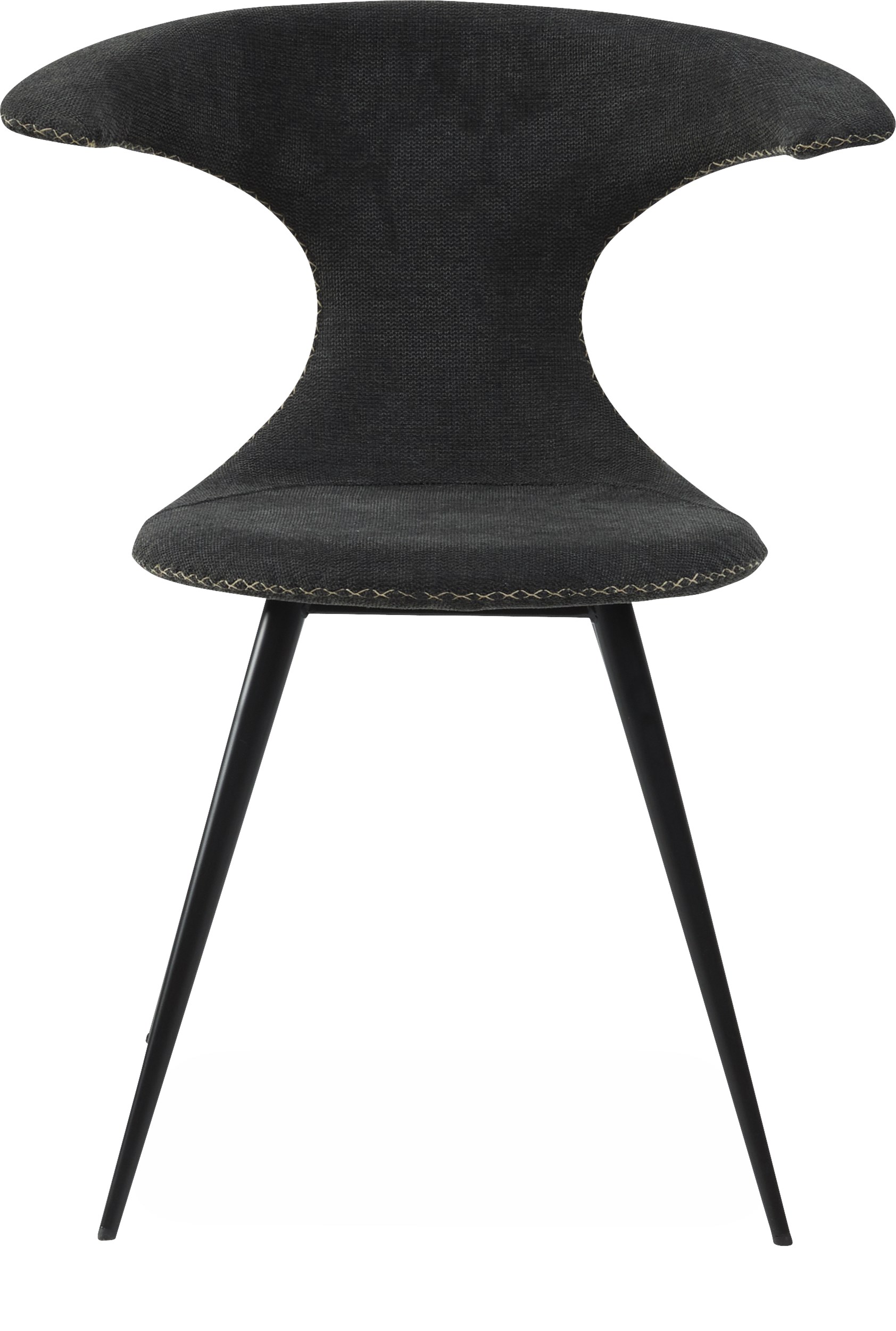 Flaire matstol - Sits i crow black textil, med kontrastfärgade sömmar och runda ben i svartlackerad metall