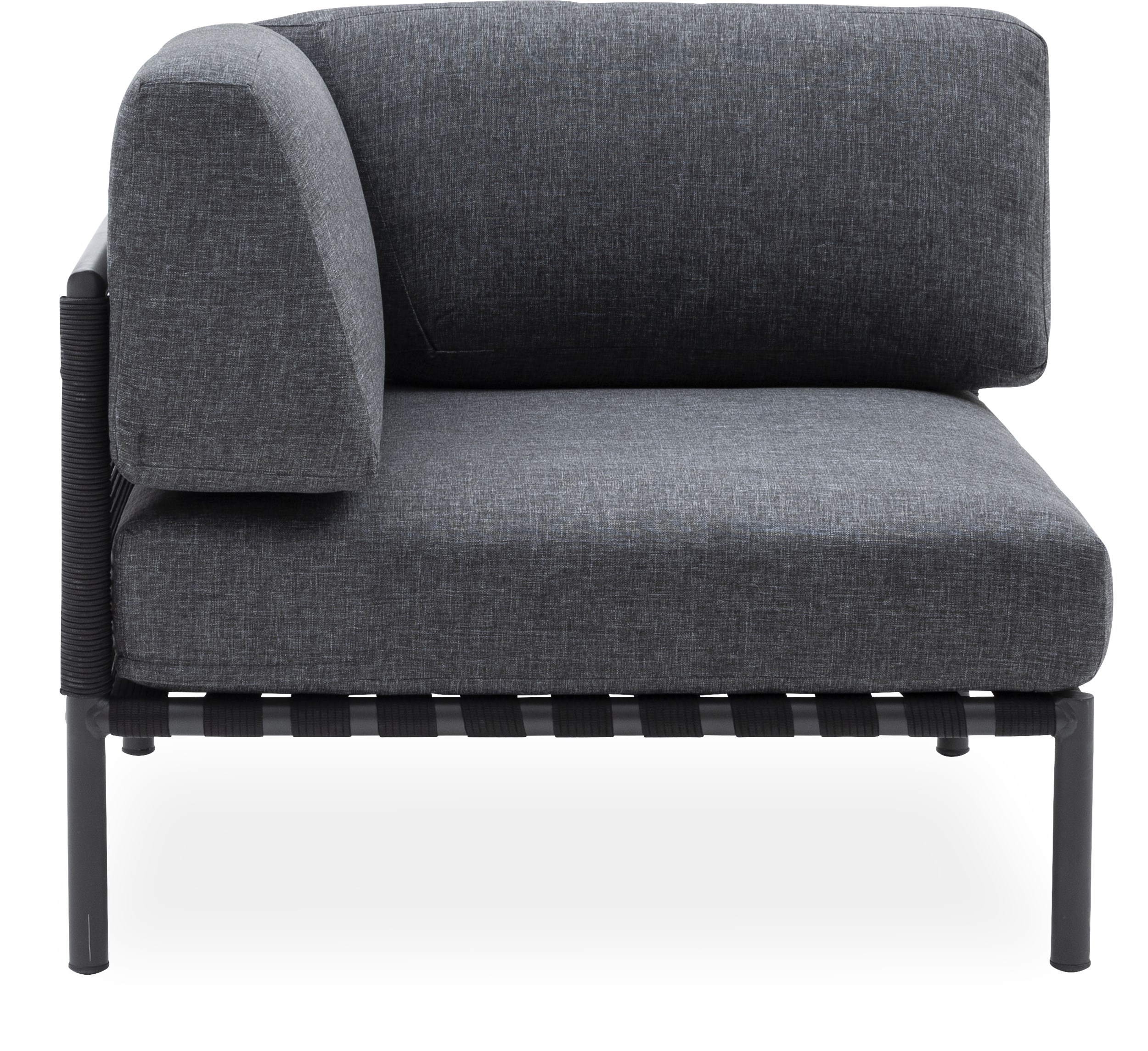 Horizon V.2 lounge-hörnmodul - Sits med flätade band i polyester, stomme i mörkgrått aluminium och dynor i mörkgrå 190 g olefin