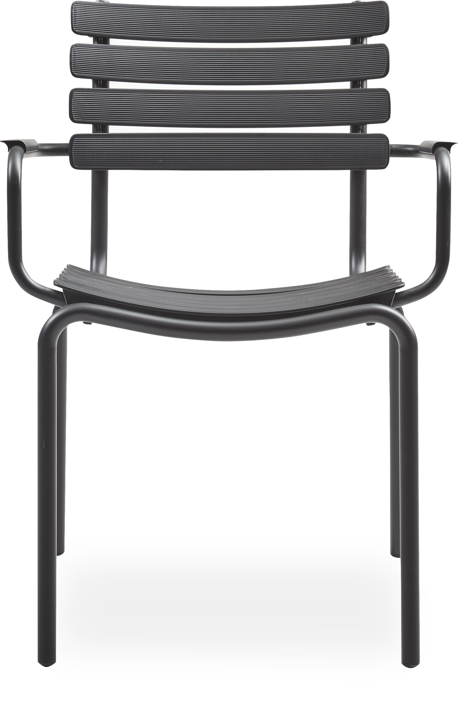 ReClips Trädgårdsstol - Lameller i svart återvunnen plast, stomme i svart pulverlackerad aluminium och armstöd i svart, pulverlackerat aluminium