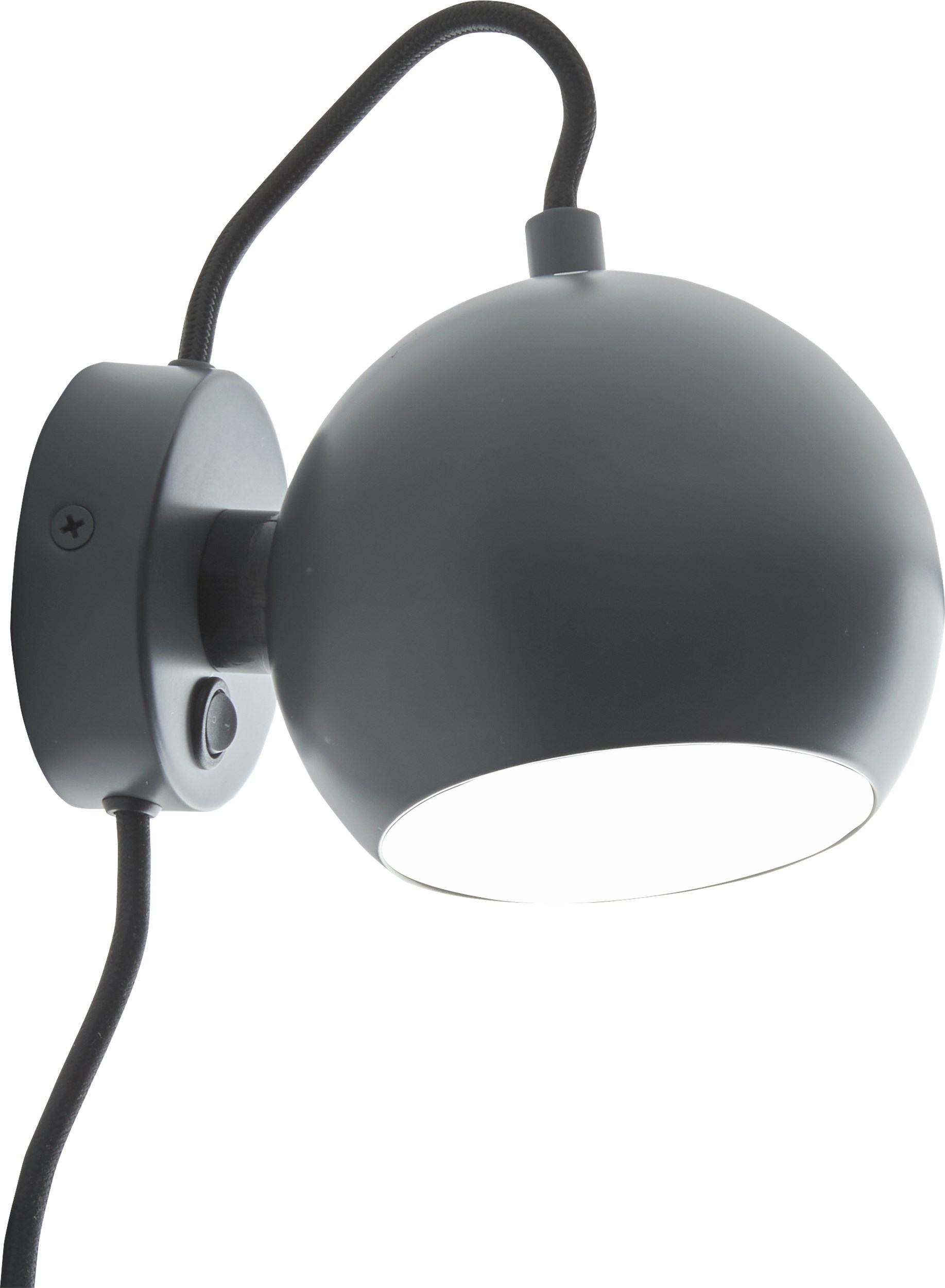 Ball Vägglampa 12 cm - Matt grå metallskärm, svart textilsladd och med strömbrytare på basen