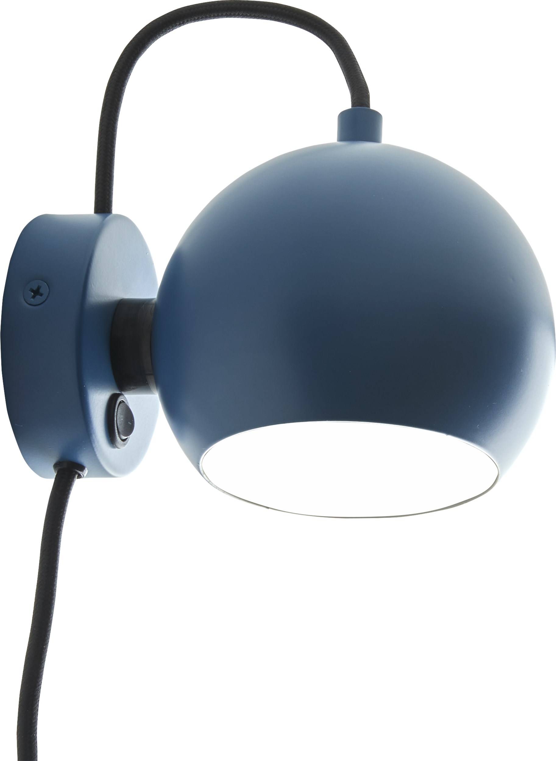 Ball Vägglampa 12 cm - Matt petrolblå metallskärm, svart/vit textilsladd och med strömbrytare på basen