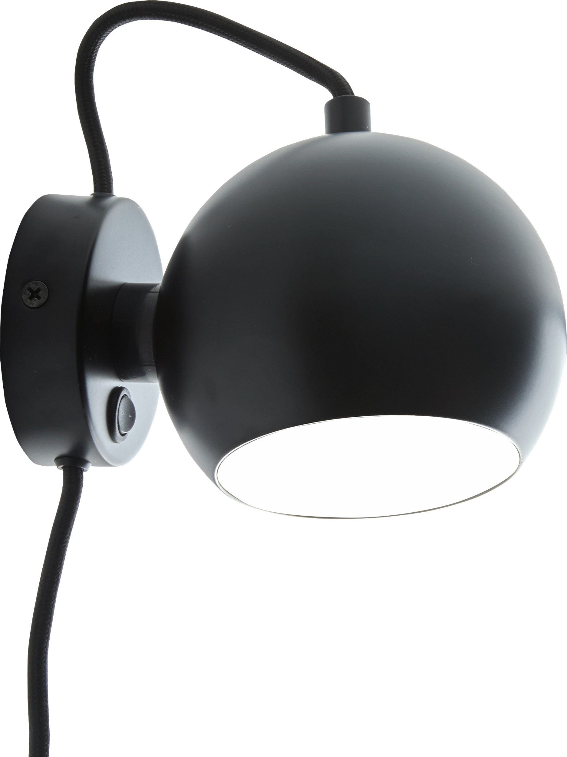 Ball Vägglampa 12 cm - Matt svart metallskärm, svart textilsladd och med strömbrytare på basen