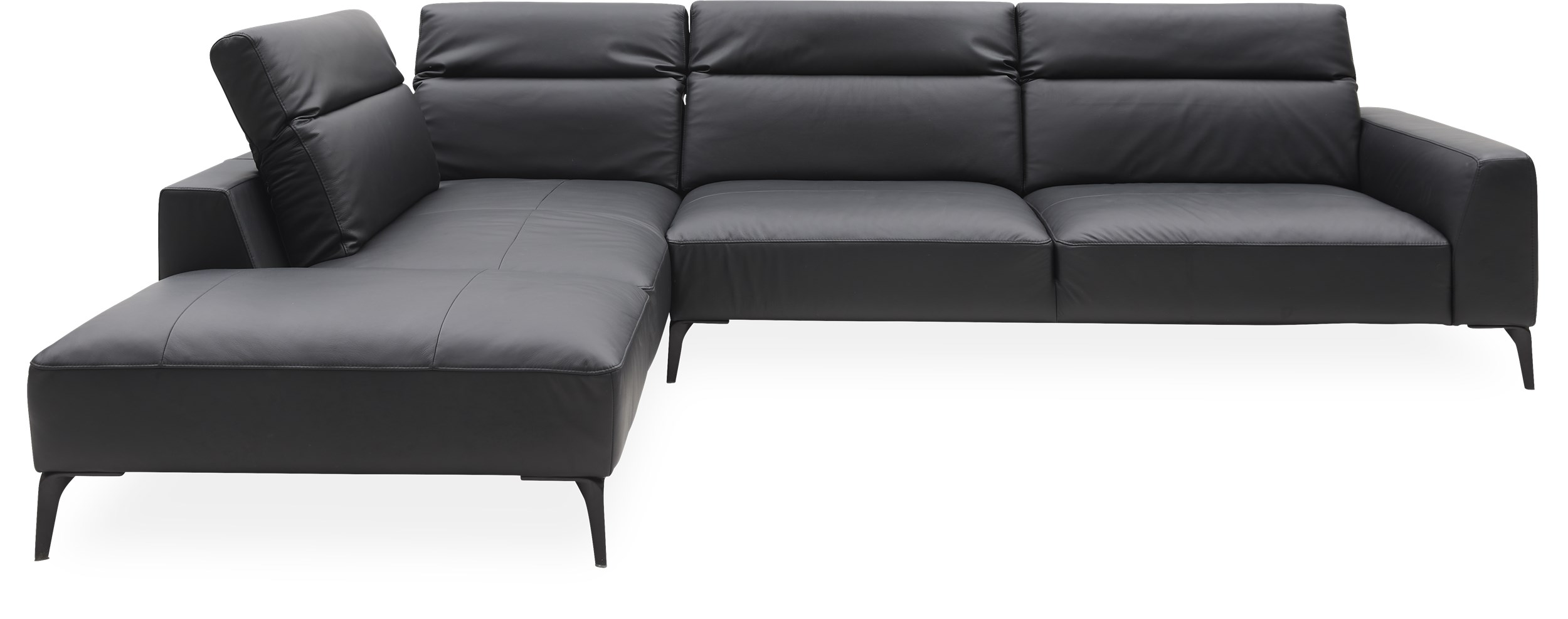 Volanti soffa med puffavslutning - Omaha 0730 Ink jet black-läder, ben i svart metall och kallskum