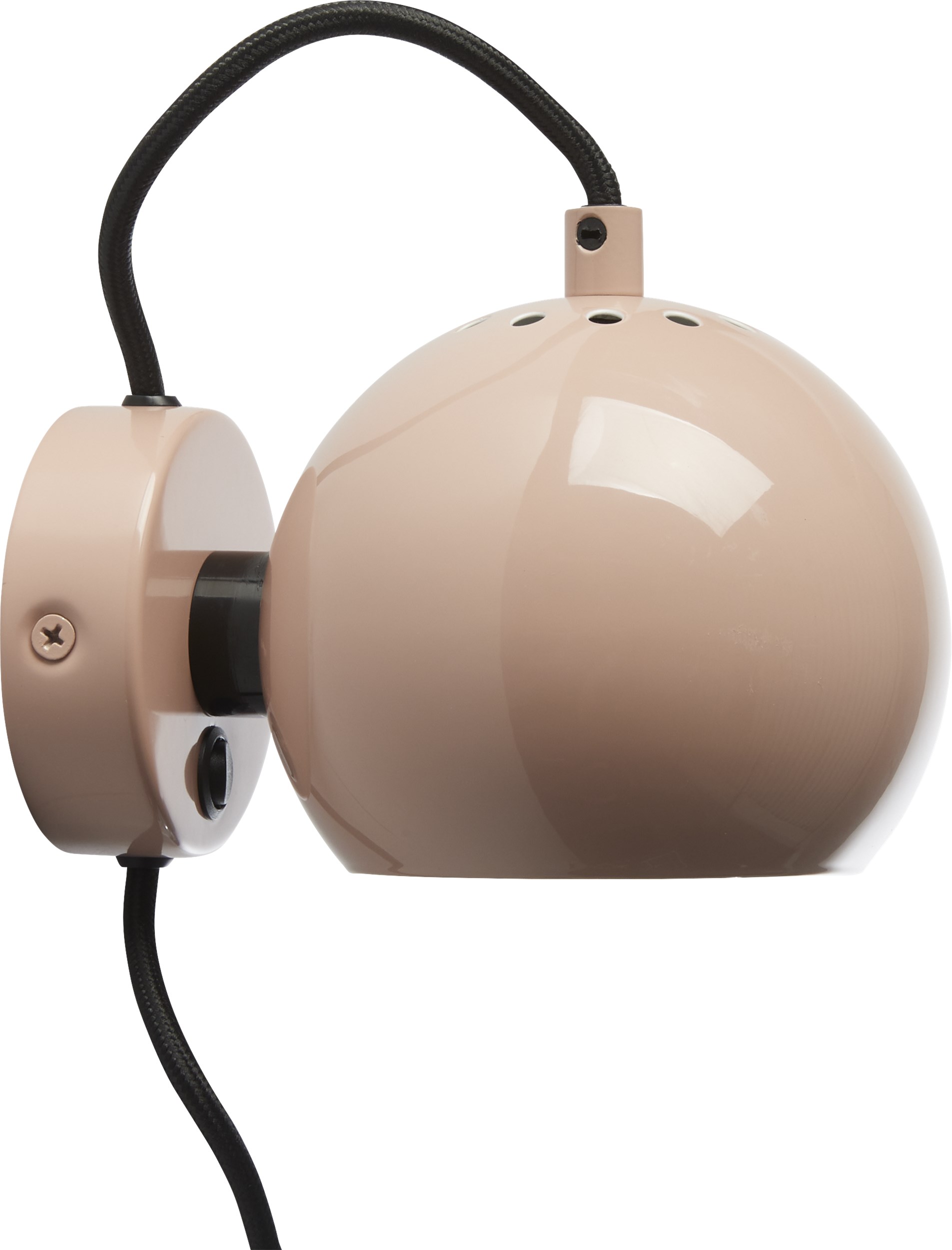 Ball Vägglampa 12 cm - Nude glossy, svart textilsladd och med strömbrytare på basen