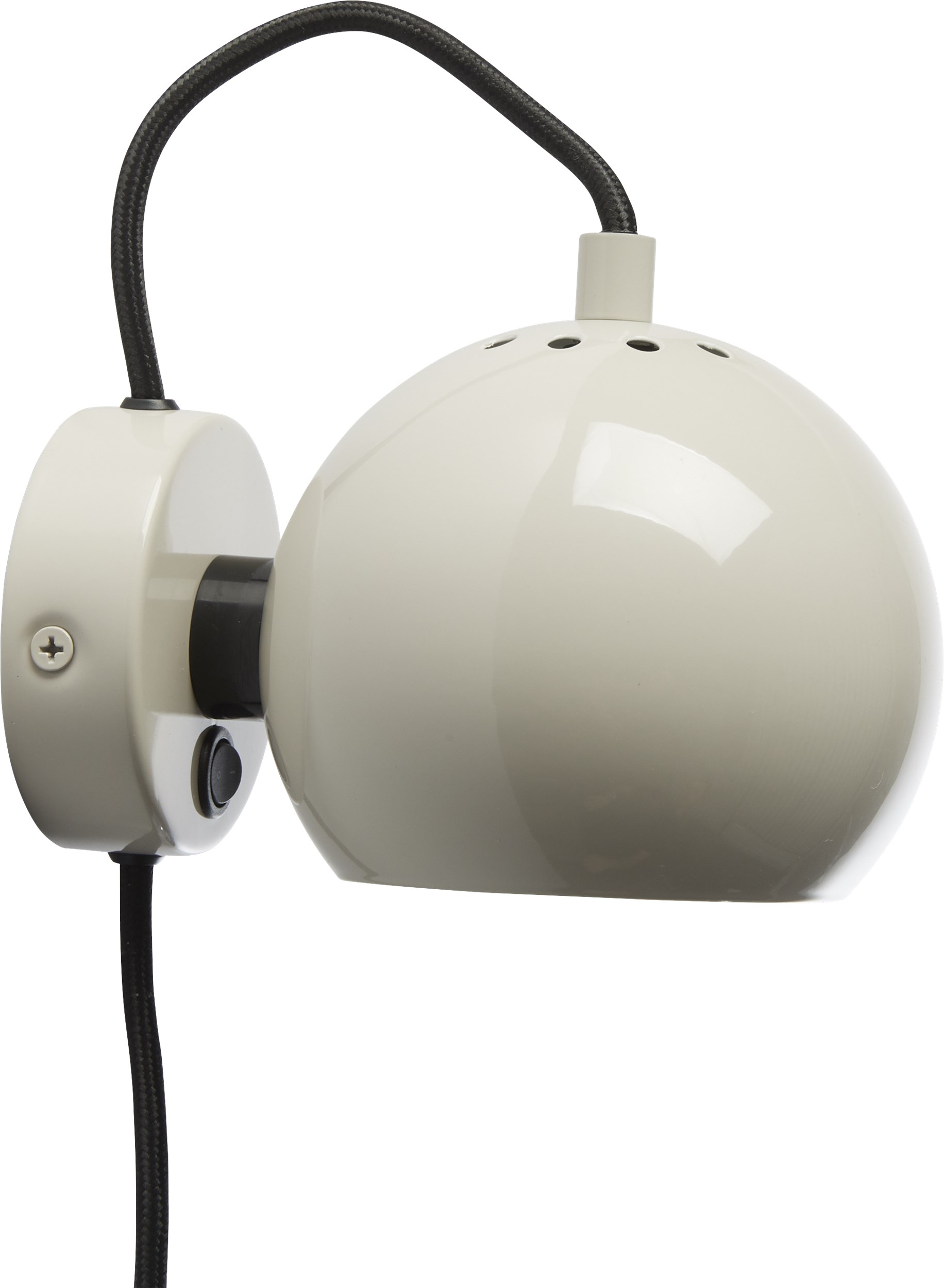 Ball Vägglampa 12 cm - Pale grey glossy, svart textilsladd och med strömbrytare på basen