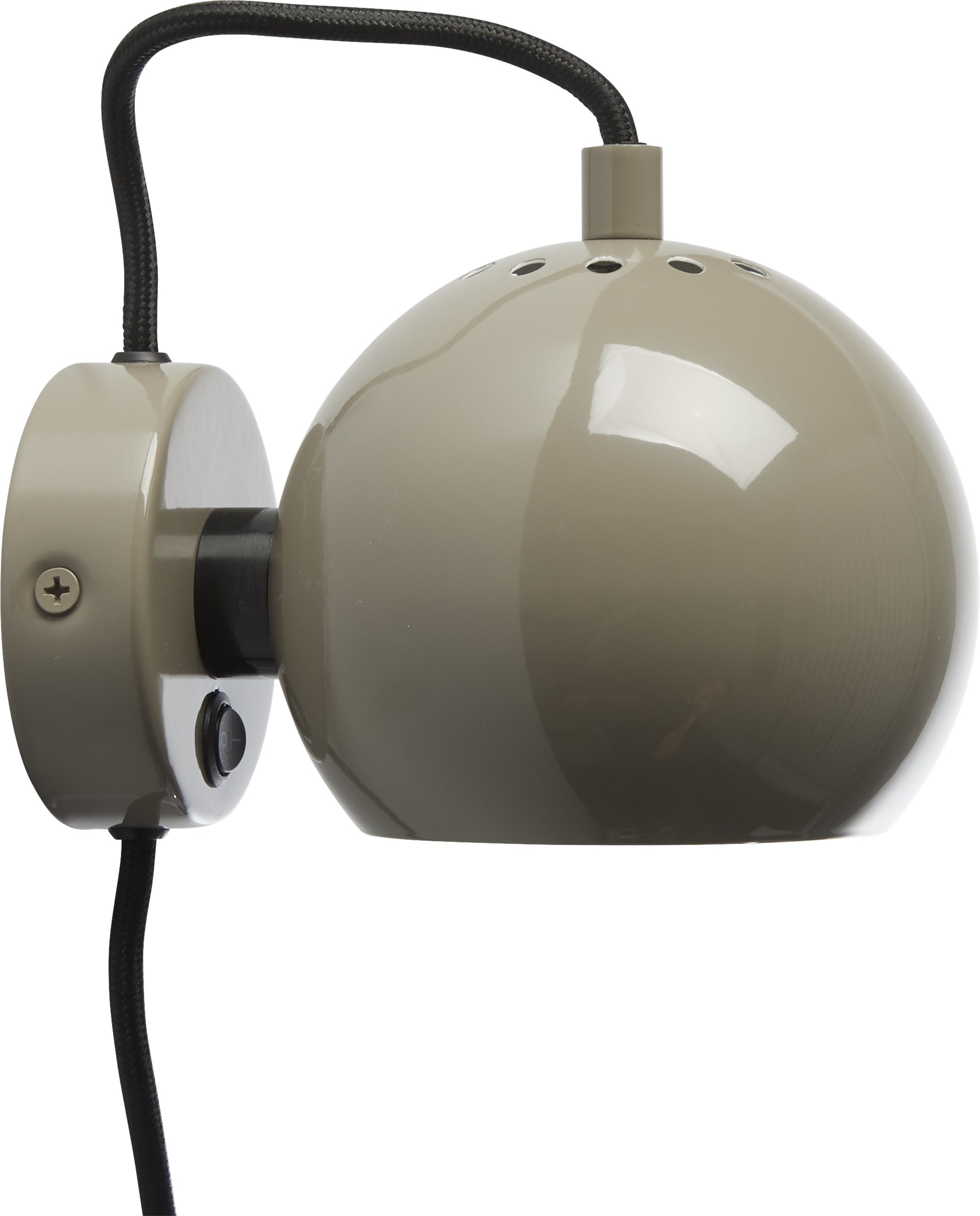 Ball Vägglampa 12 cm - Warm grey glossy, svart textilsladd och med strömbrytare på basen