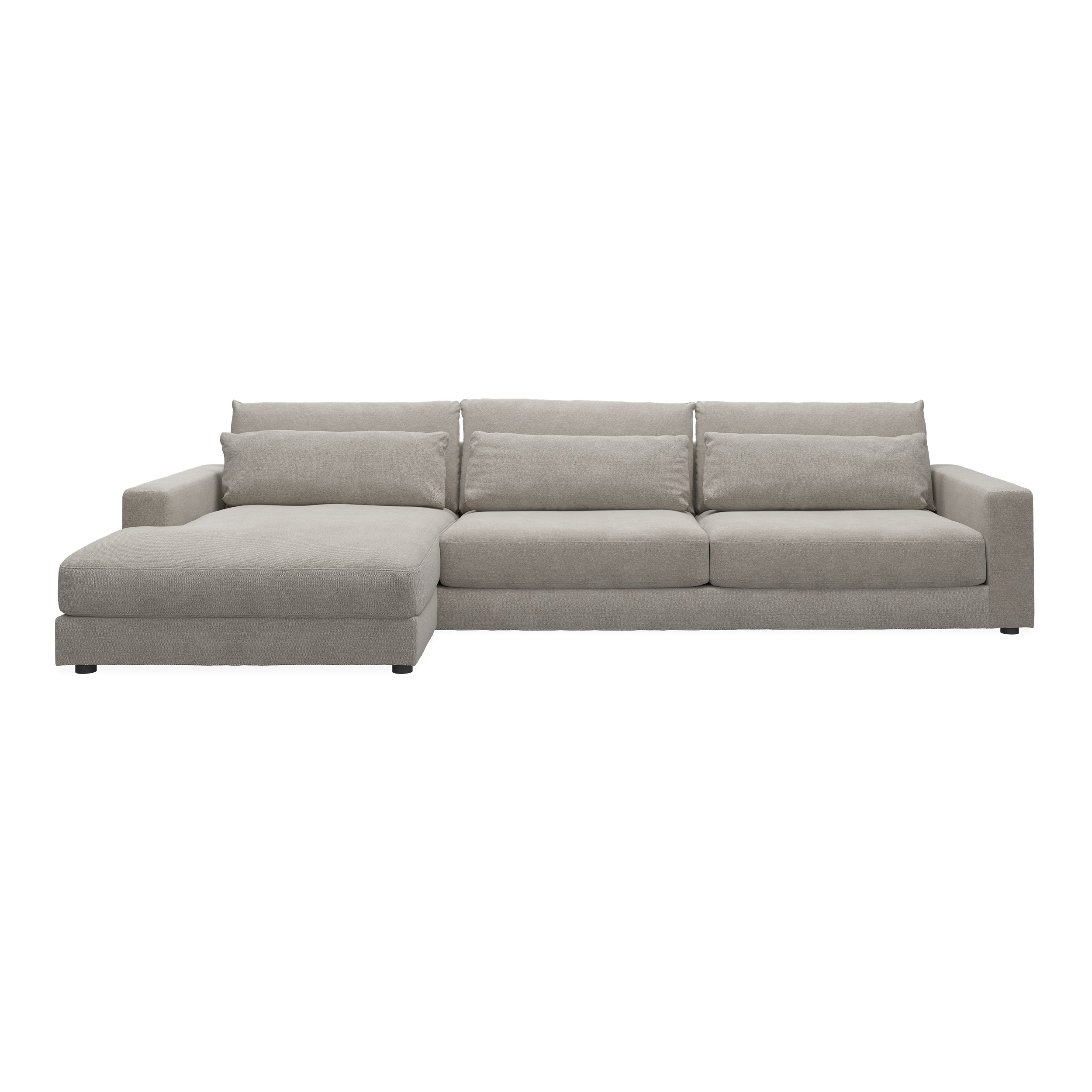 Halmstad vänstervänd soffa med schäslong - Skyland 40 ljusgrått tyg och ben i svart plast