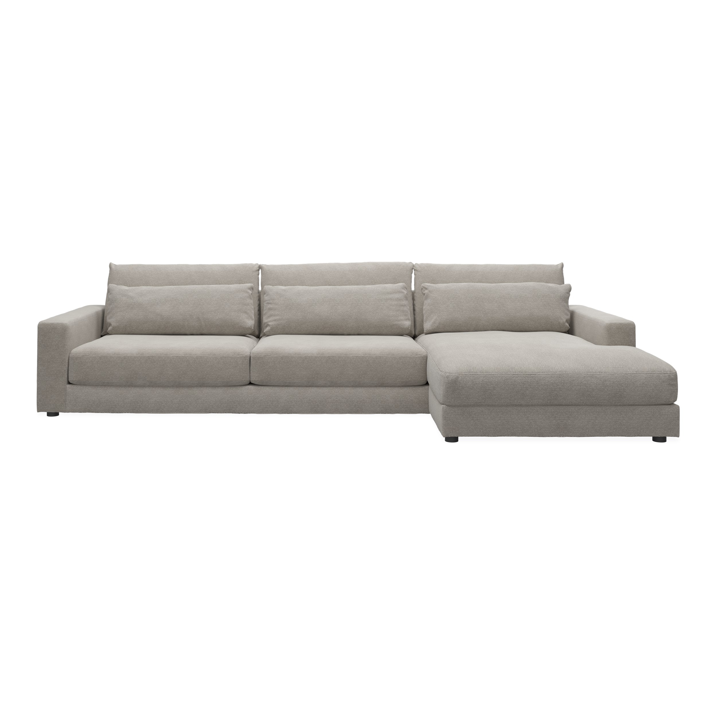 Halmstad högervänd soffa med schäslong - Skyland 40 ljusgrått tyg och ben i svart plast