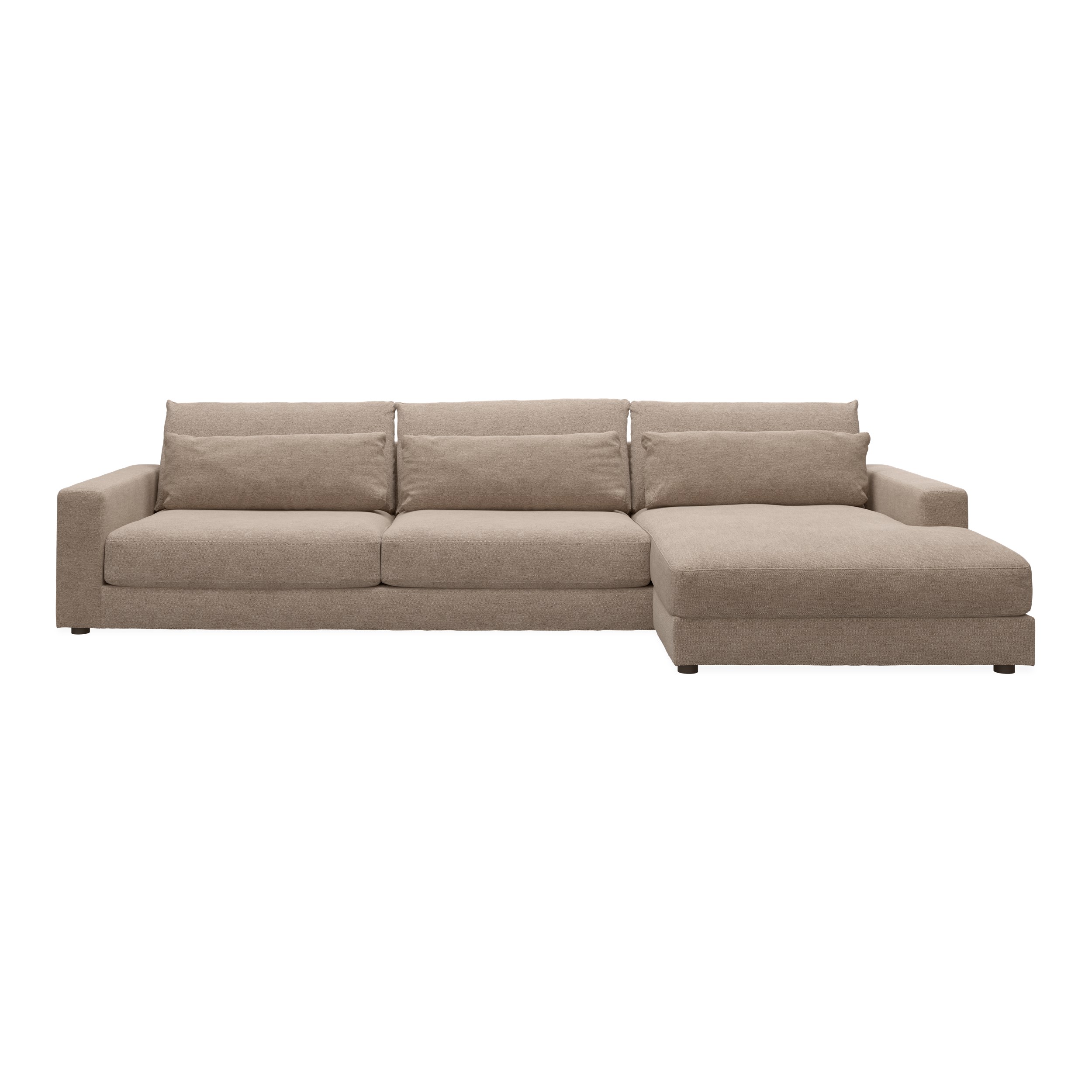 Halmstad högervänd soffa med schäslong - Skyland 05 grå/brun textil och ben i svart plast
