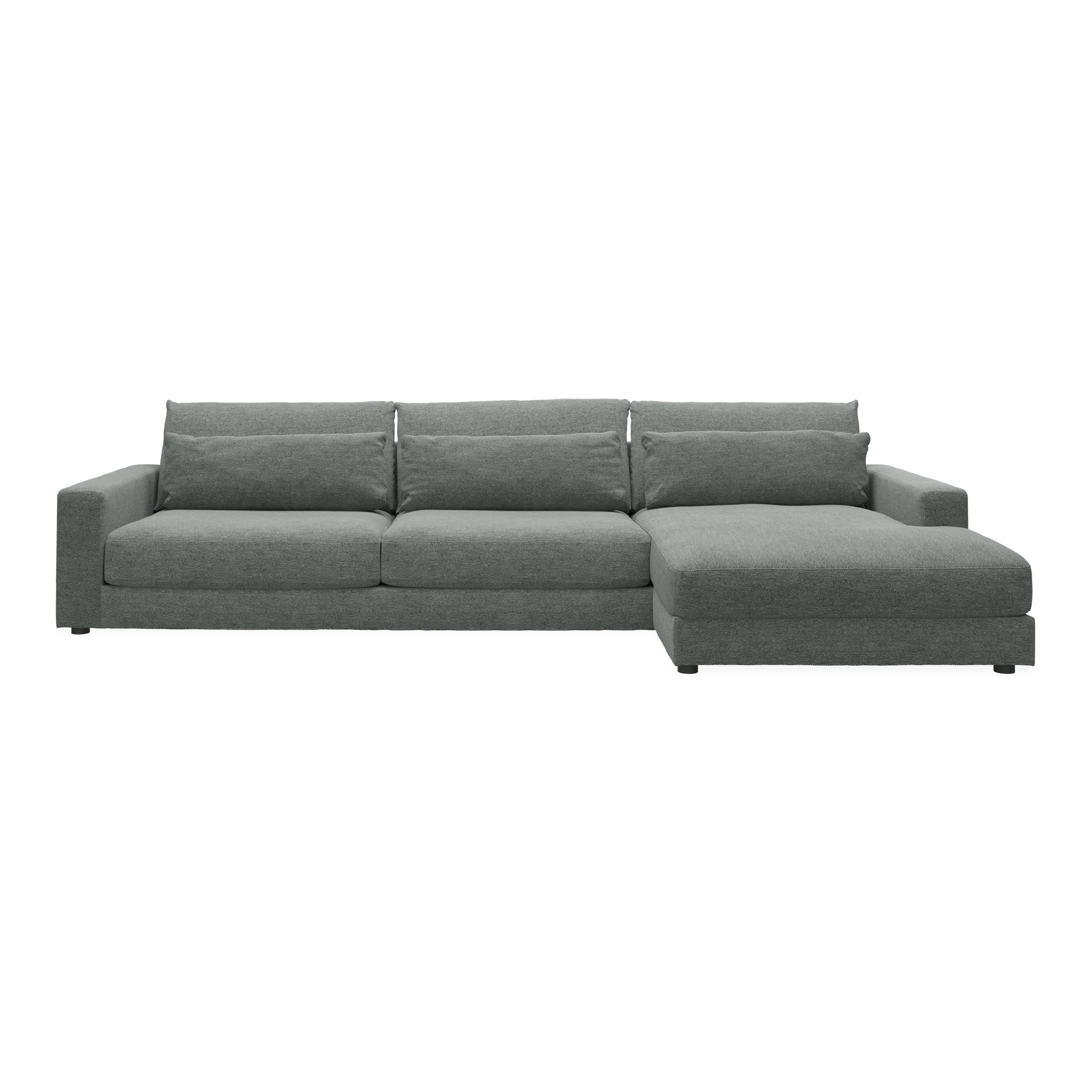 Halmstad högervänd soffa med schäslong - Skyland 45 antracitgrå tyg och ben i svart plast