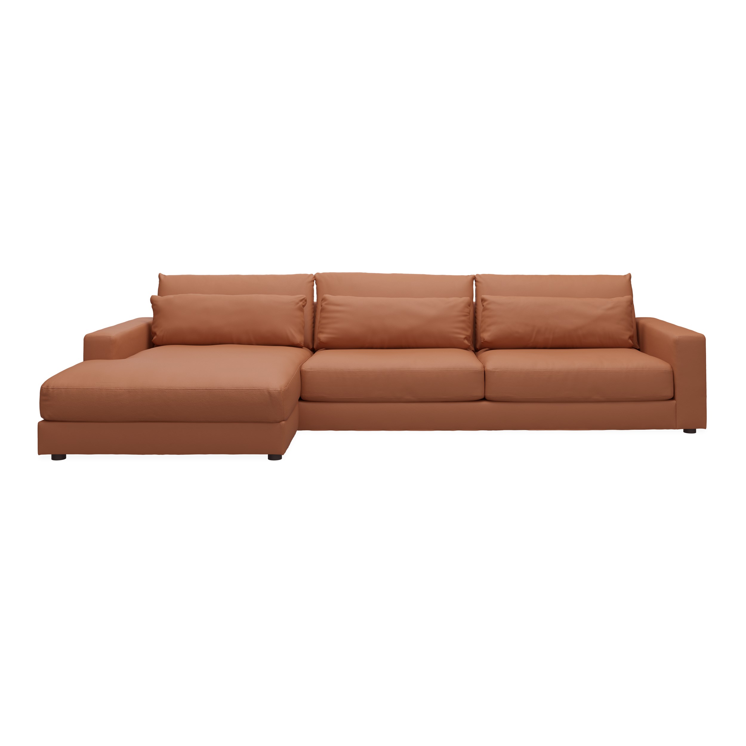 Halmstad vänstervänd soffa med schäslong - Cognac läder/split och ben i svart plast